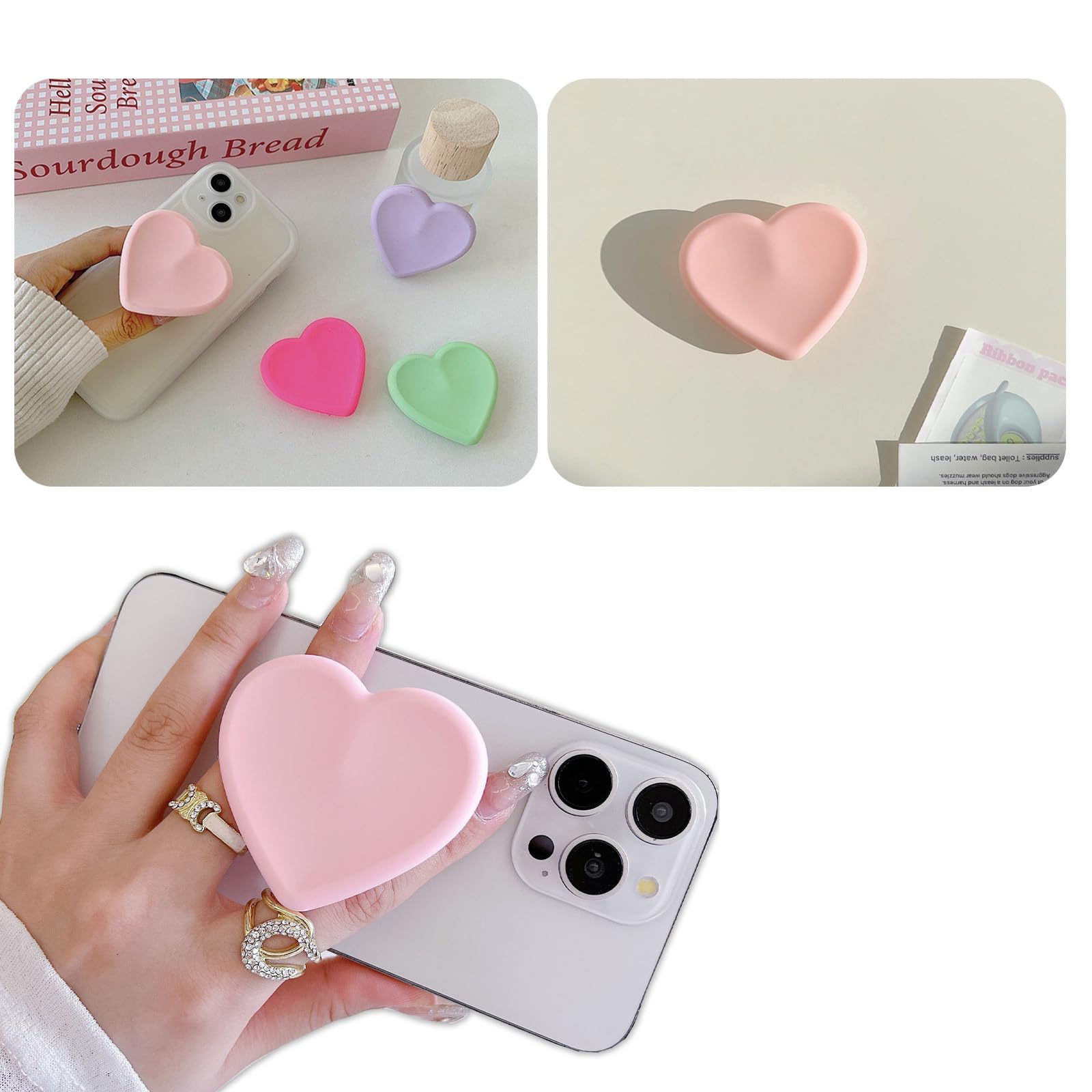 2PCS Heart-Shaped Silicone Mobile Phone Grip Stand, Collapsible Cellphone Finger Grip Holder for Smartphone Tablet Cell Phone Accessory Compatible phone case (Pink) — view 7