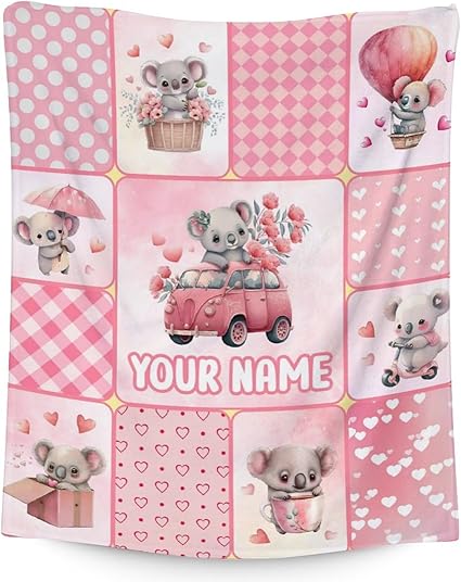 Personalized Koala Blanket Gifts with Name - 60"x80" Cute Throw for Women, Girls - Pink Soft Fuzzy Blankets for Bed, Couch & Living Room