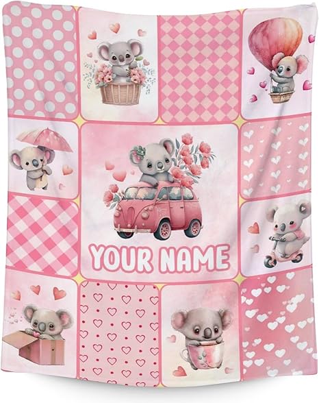 Personalized Koala Blanket Gifts with Name - 60"x80" Cute Throw for Women, Girls - Pink Soft Fuzzy Blankets for Bed, Couch & Living Room