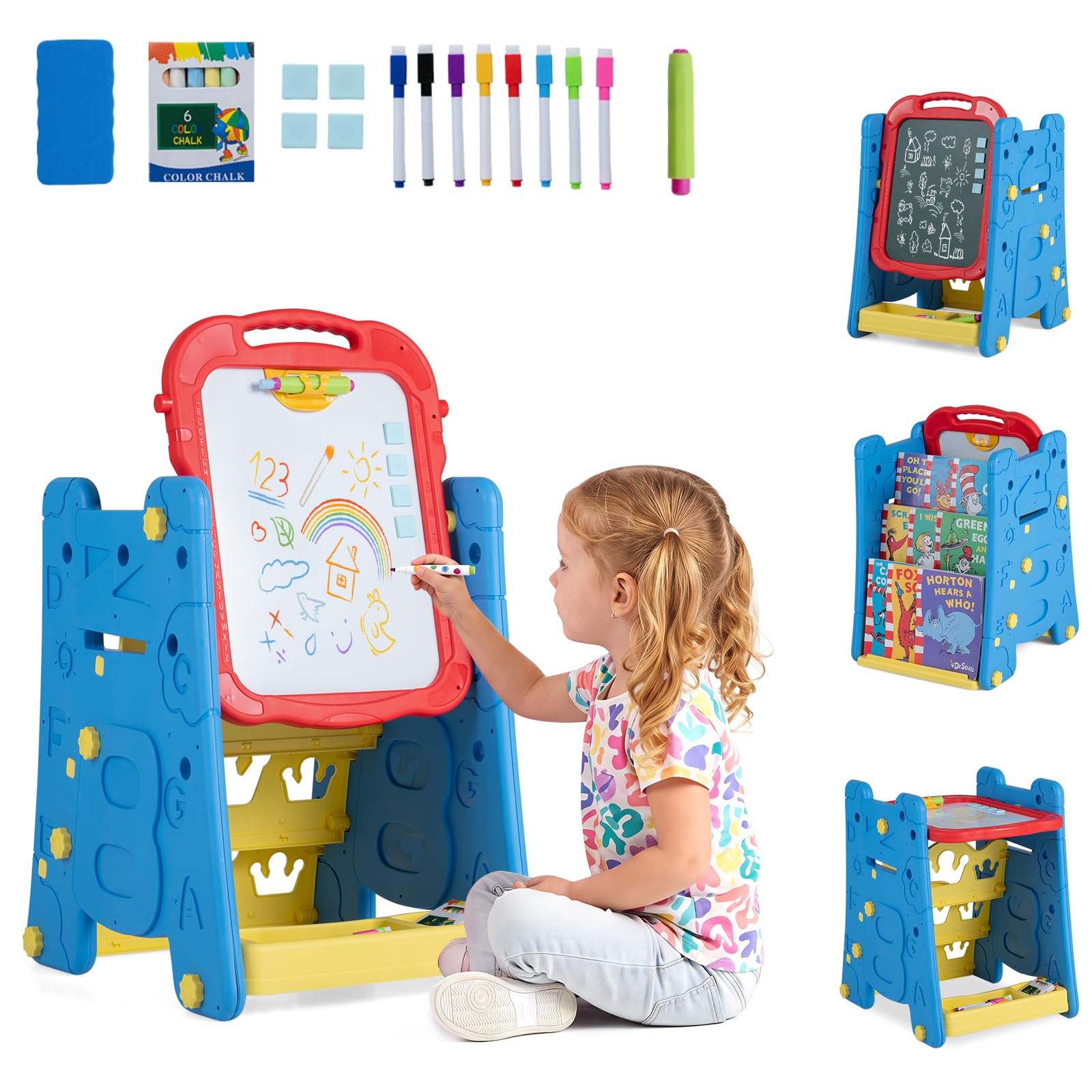 COSTWAY 3 in 1 Kids Art Easel, Double-Sided Children Easels (Red+Blue)