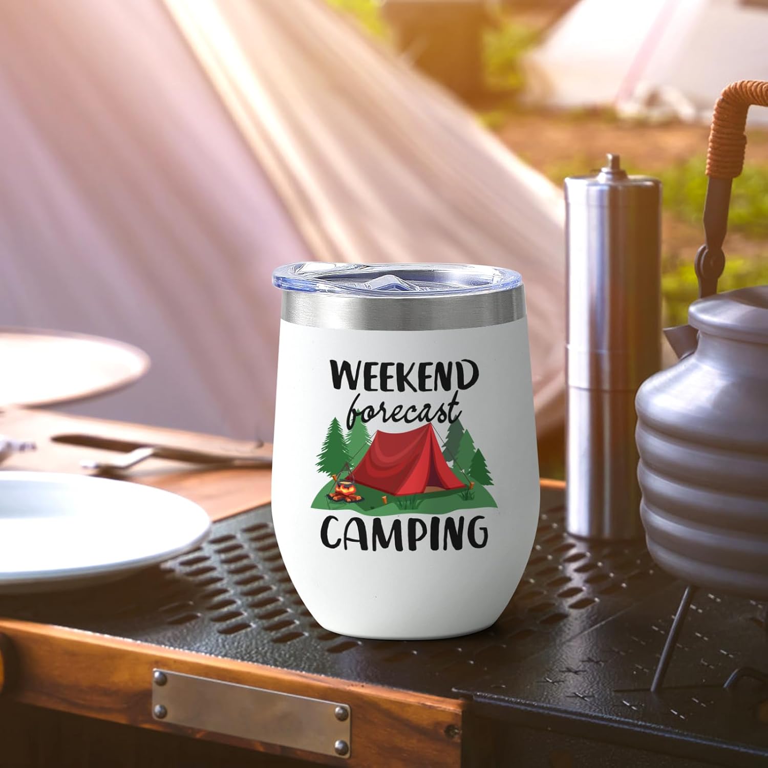 Lifecapido Camping Gifts 2 Pack 12oz Stainless Steel Wine Tumblers, Camper Holiday Christmas Gifts for Women Men Capmer RV Campers, White