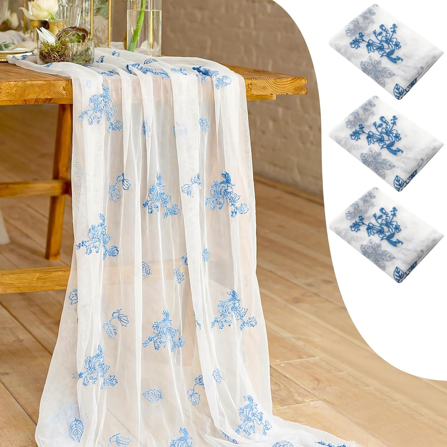 Tranqun 3 Pcs Blue and White Table Runner Floral Embroidered Table Runner Tulle 30 x 120 Inches Flower Sheer Tablecover Chinoiserie Decor Seasonal for Kitchen Dining Party Wedding