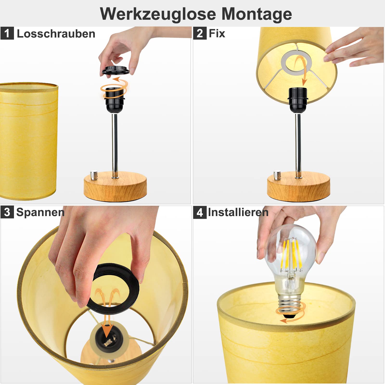 Lámpara de Mesa para Sala de Estar - Totalmente Regulable con Puerto USB, Diseño Moderno de Pantalla de Papel Kraft Amarillo para Dormitorio (Incluye Bombilla LED de 8W) | Lámpara de escritorio pequeña para mesita de noche con pantalla redonda para dormit
