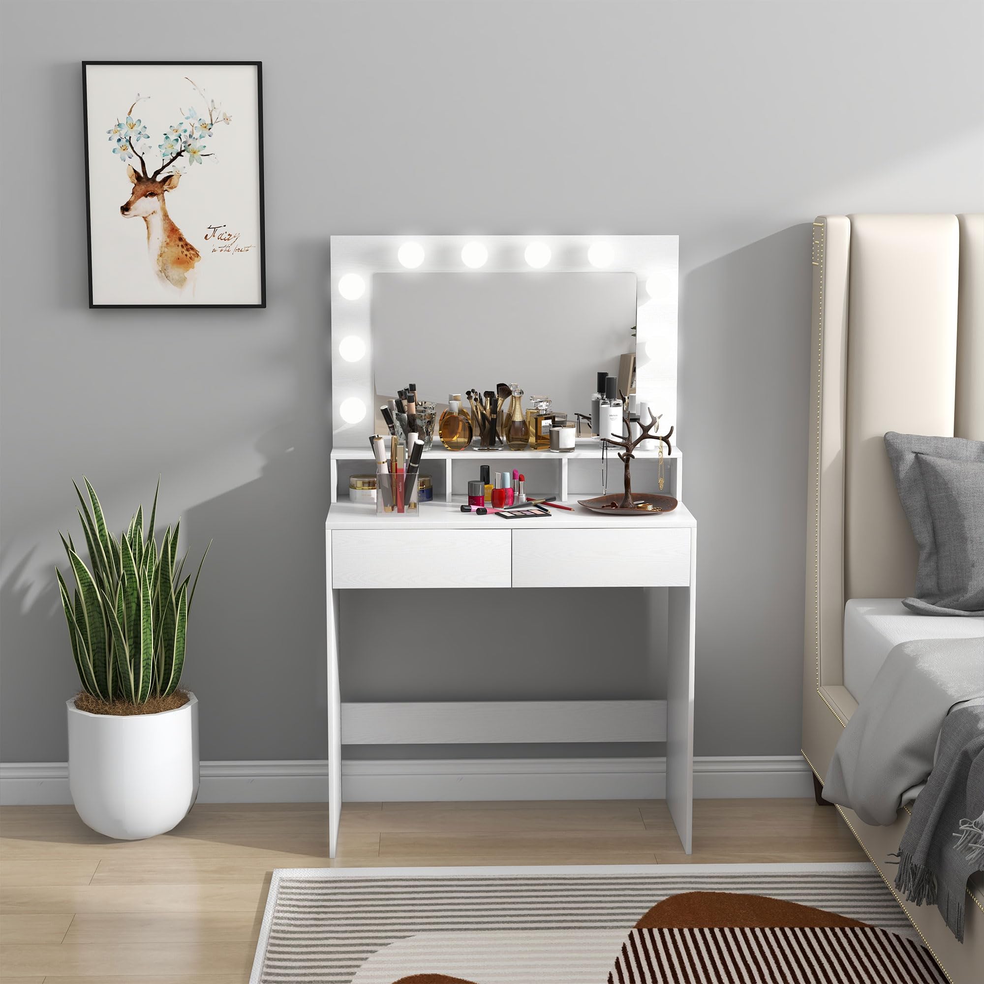 HOMCOM Toeletta Trucco con Specchio e 10 Luci LED Regolabili a 3 Colori, Postazione Trucco con 2 Cassetti e 3 Scomparti, per Camera da Letto, 80x40x135 cm, Bianco