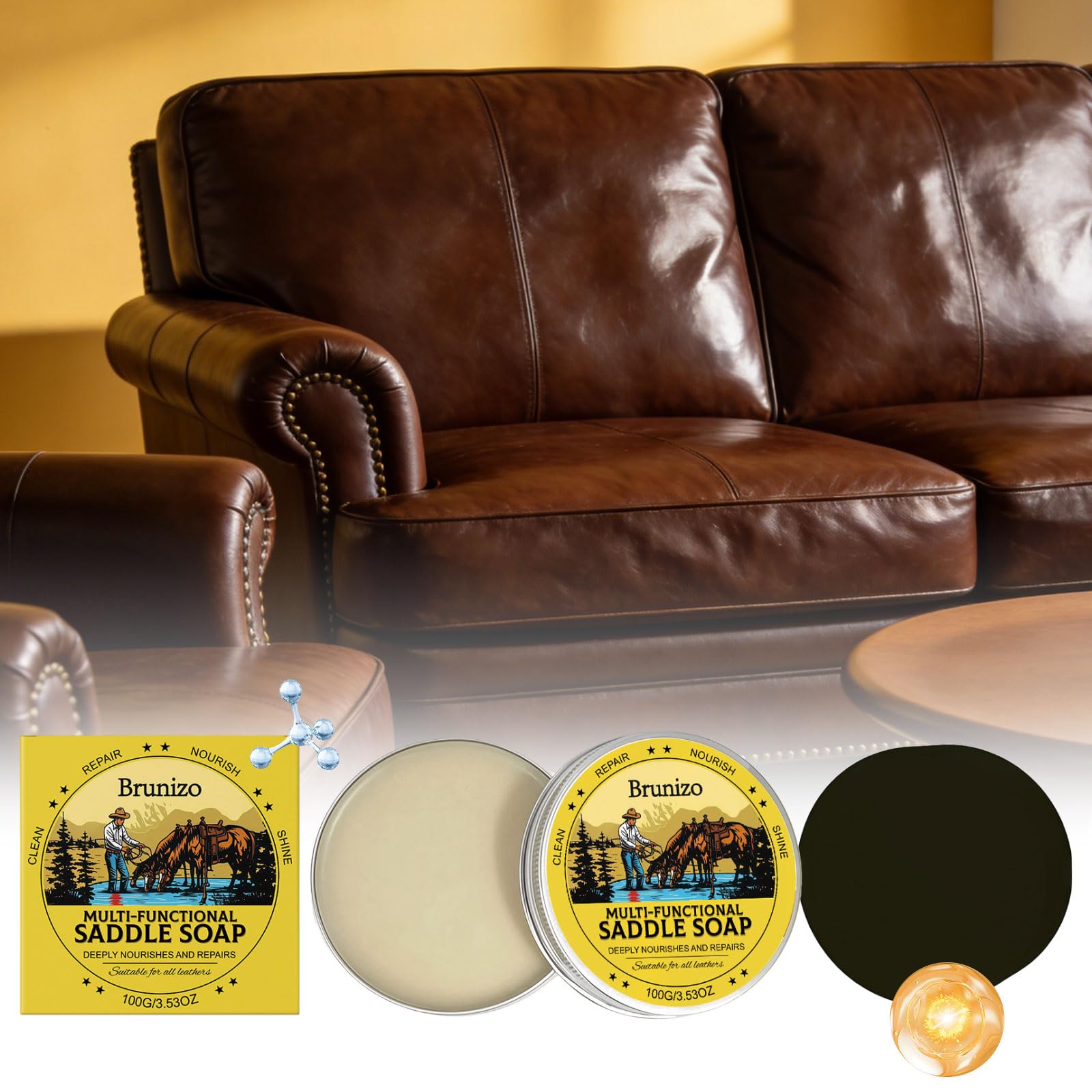 Saddle Soap Leder-Reinigungsschwamm, Lederpflege, Schutz, Weichmachung für Auto, Taschen, Sättel, 105 ml
