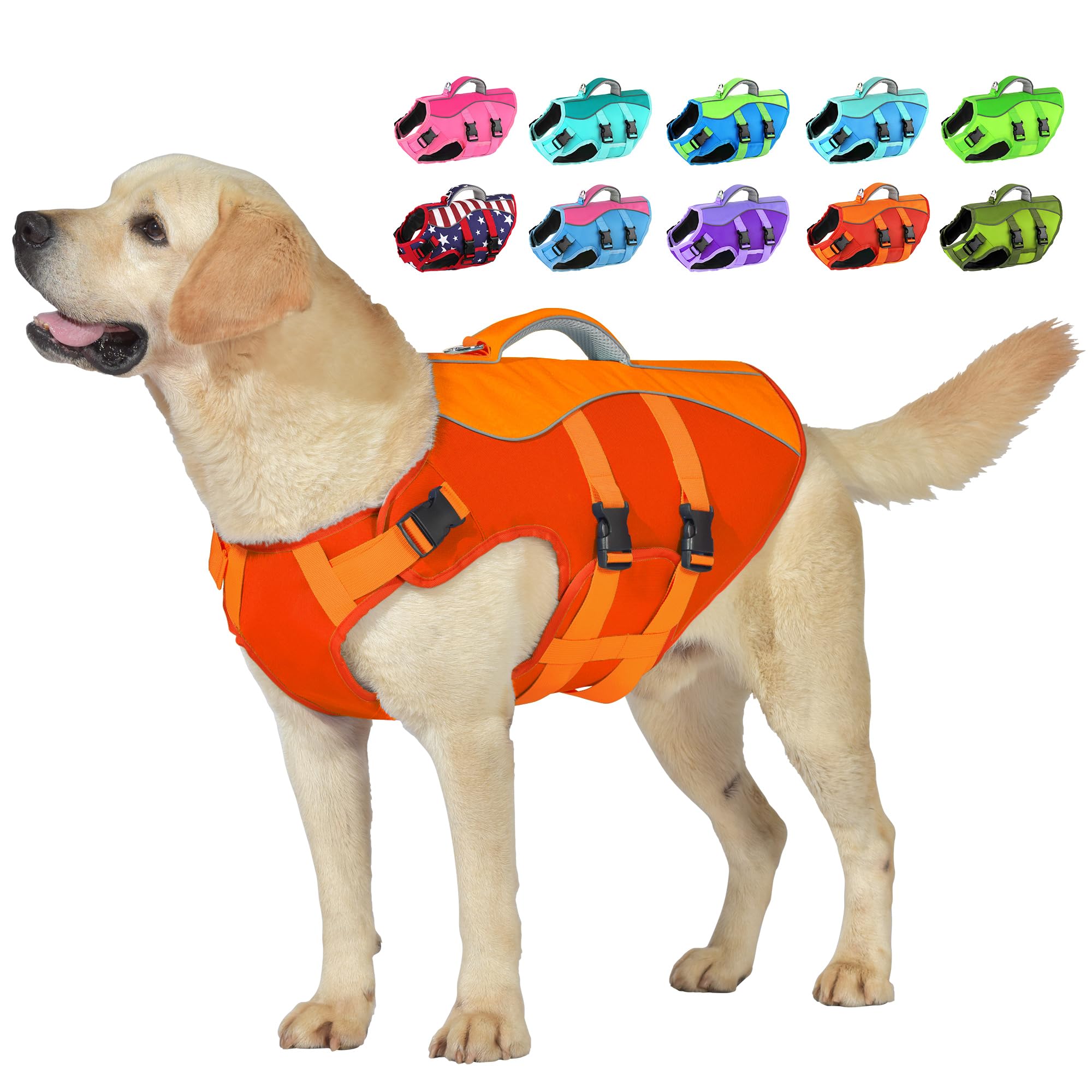 Petglad - Dog Life Jacket, Reflective Dog Harness with Rescue Handle for Swimming Boating, Adjustable High Buoyancy Swim Vest for Small Large Dogs Color