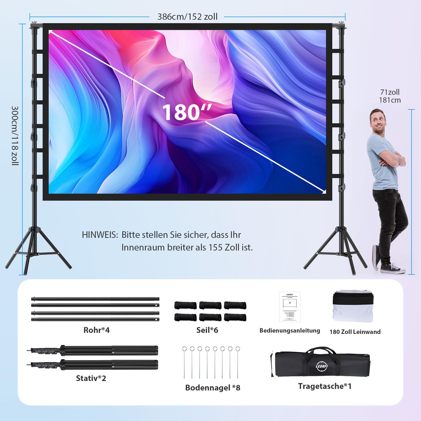 Beamer Leinwand mit Stativ 180 Zoll - LEORFI Große Projektionsleinwand Ständer Outdoor Tragbar mit Tragetasche, Indoor HD 16:9 Front Rück,Höhenverstellbar, für Camping und Heimkino