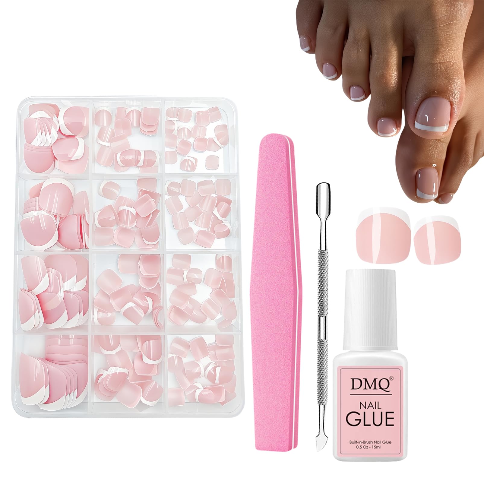 Fake Toe Nails Set, 240PCS Short Square False Toenails Kit, Glossy Full Cover Acrylic Press on Nails, White French Tip Pink Toe Nail for Women Girls Nail Art DIY Gift