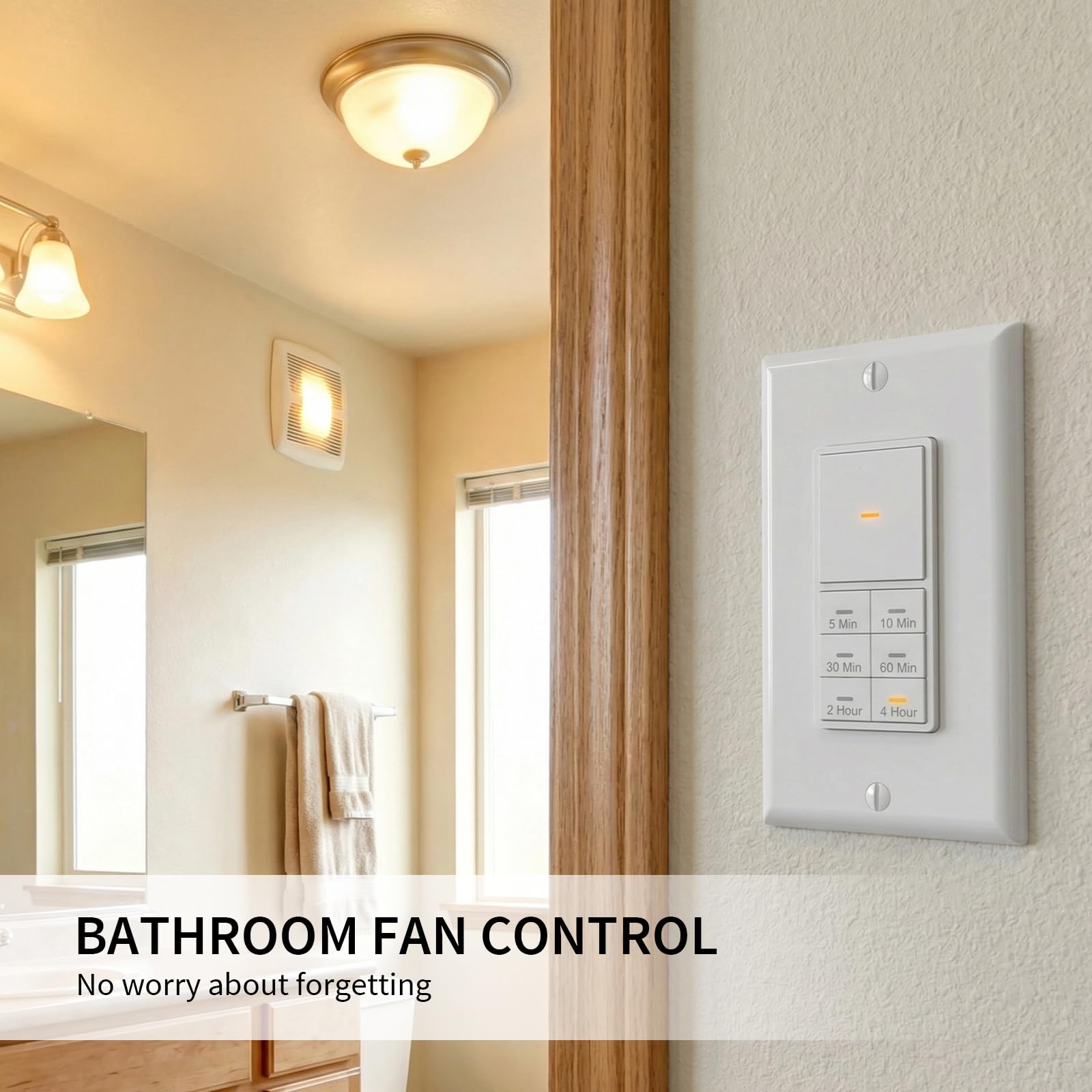 Minoston Zeitschaltuhr, 2-4 Stunden, 5-10-30-60 Minuten, mit dimmbarer LED-Anzeige, benötigt neutrales Kabel, Countdown-Schalter für Beleuchtung, Badezimmer