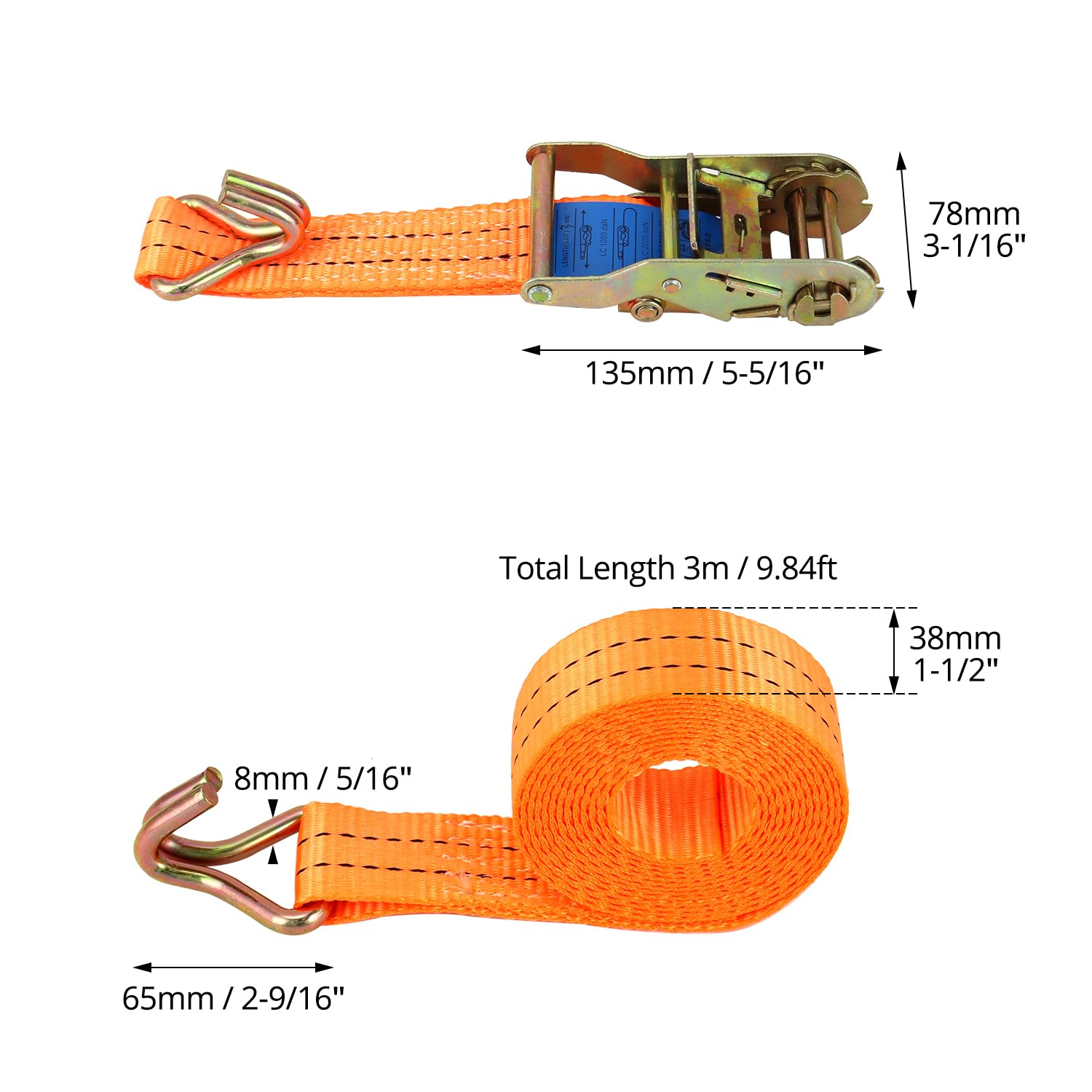 QWORK® 4X Sangles d'arrimage Transport de Voiture 38 mm Largeur de Sangle 3 m de Longueur, Sangles de Serrage pour Transport de Voiture 3 tonnes, Orange