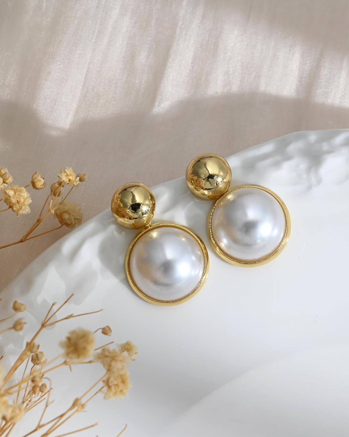 14K Gold Plated White Pearl Stud Drop Dangle Round Bride and Bridesmaids Wedding Earrings for Women - Image 5