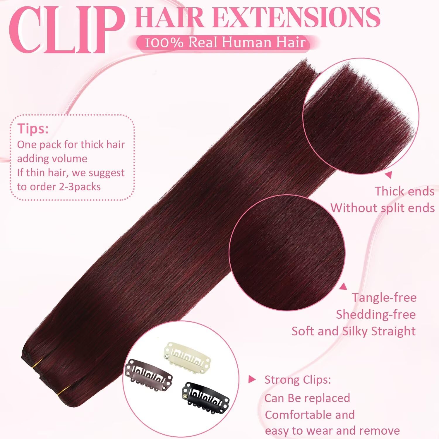 Clip in Hair Extensions Real Human Hair, Seamless Clip ins Real Human Hair for Women, Remy Human Hair Clip in Extensions, Double Weft 8pcs 22 inch Red 99J Burgundy