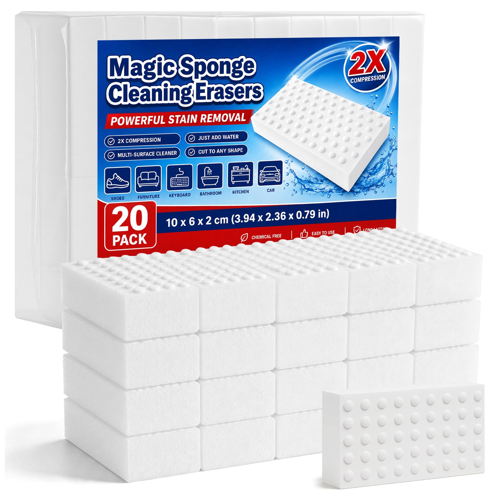20-Pack 2X Compressed Magic Eraser Sponges, Thick Melamine Cleaning Sponges