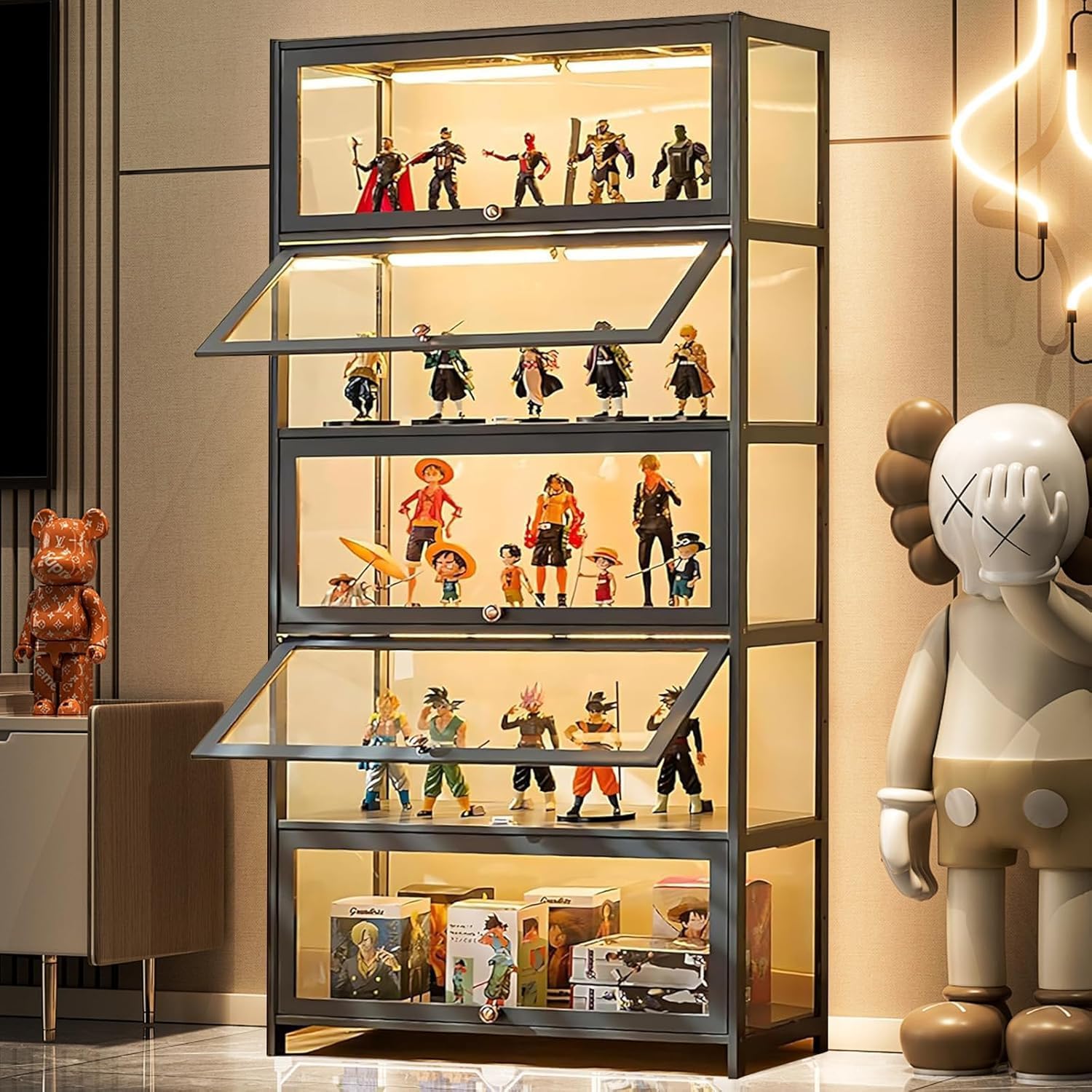 Display Cabinet with Acrylic Glass Doors, 5-Tier Curio Cabinet, Collectibles Toy Organizers Rack & Display Shelf, High Display Case for Home, Office, Playroom, Living Room (Grey flip Door)