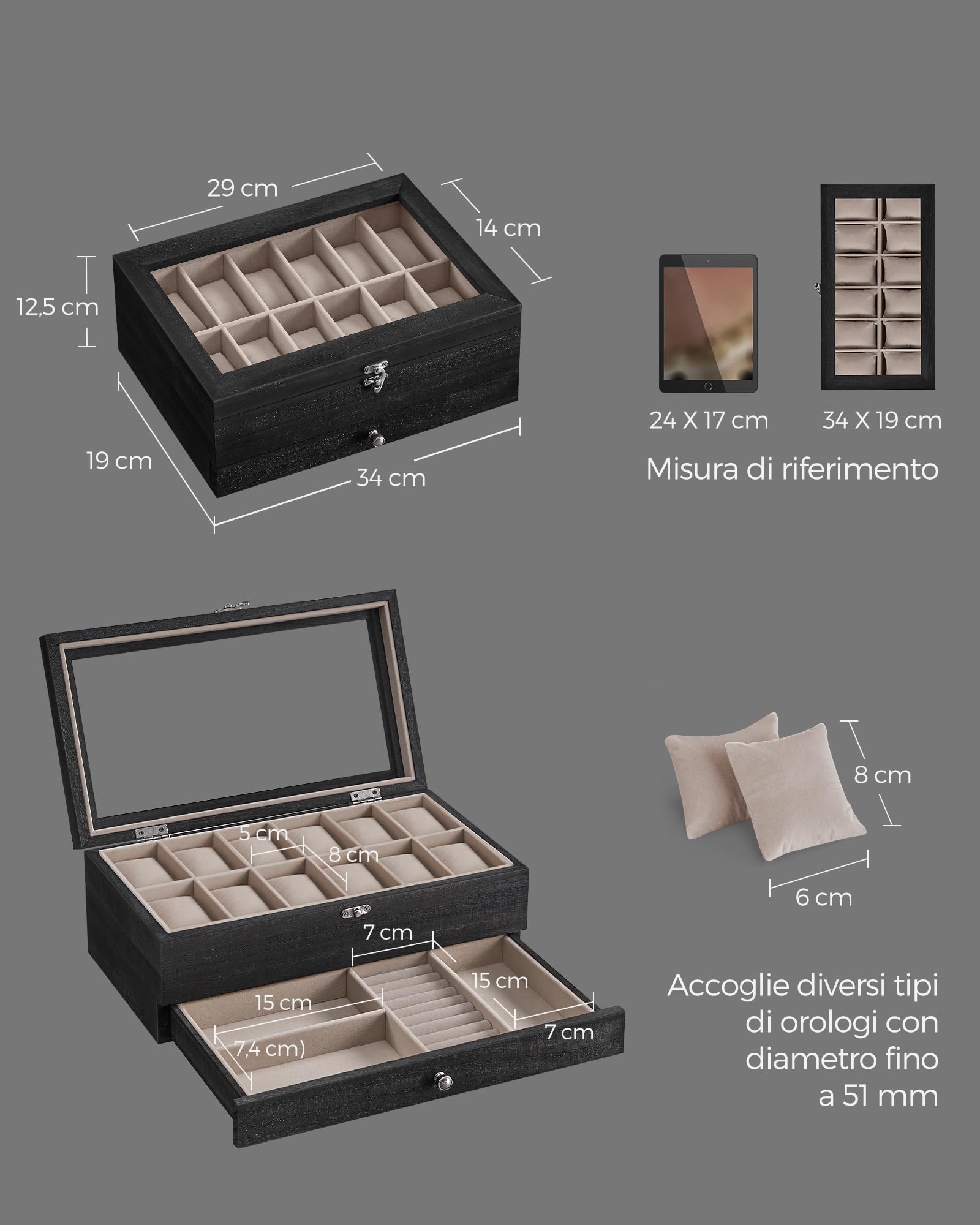 SONGMICS Porta Orologi a 12 Scomparti, Scatola Portaorologi a 2 Livelli, Coperchio in Vetro, con Cuscinetti, Fodera in Velluto, Idea Regalo, Nero Ebano JOW012B01