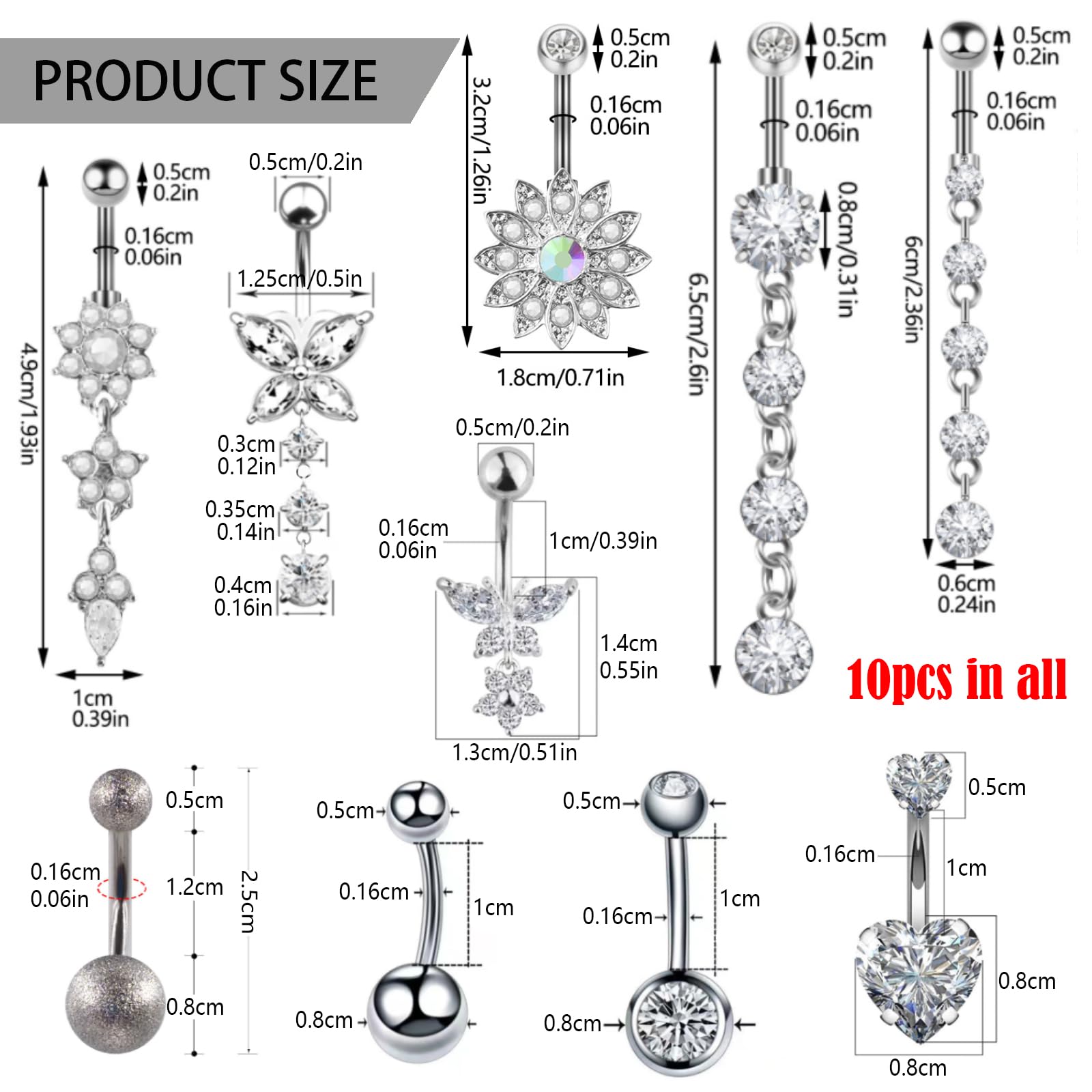 BDSHUNBF 10 Pcs Ombelico Gioielli Piercing Set, Anello Con Ombelico Pendente,Catene miste a forma di cuore, lunghezza moderata,Peri Anelli Piercing