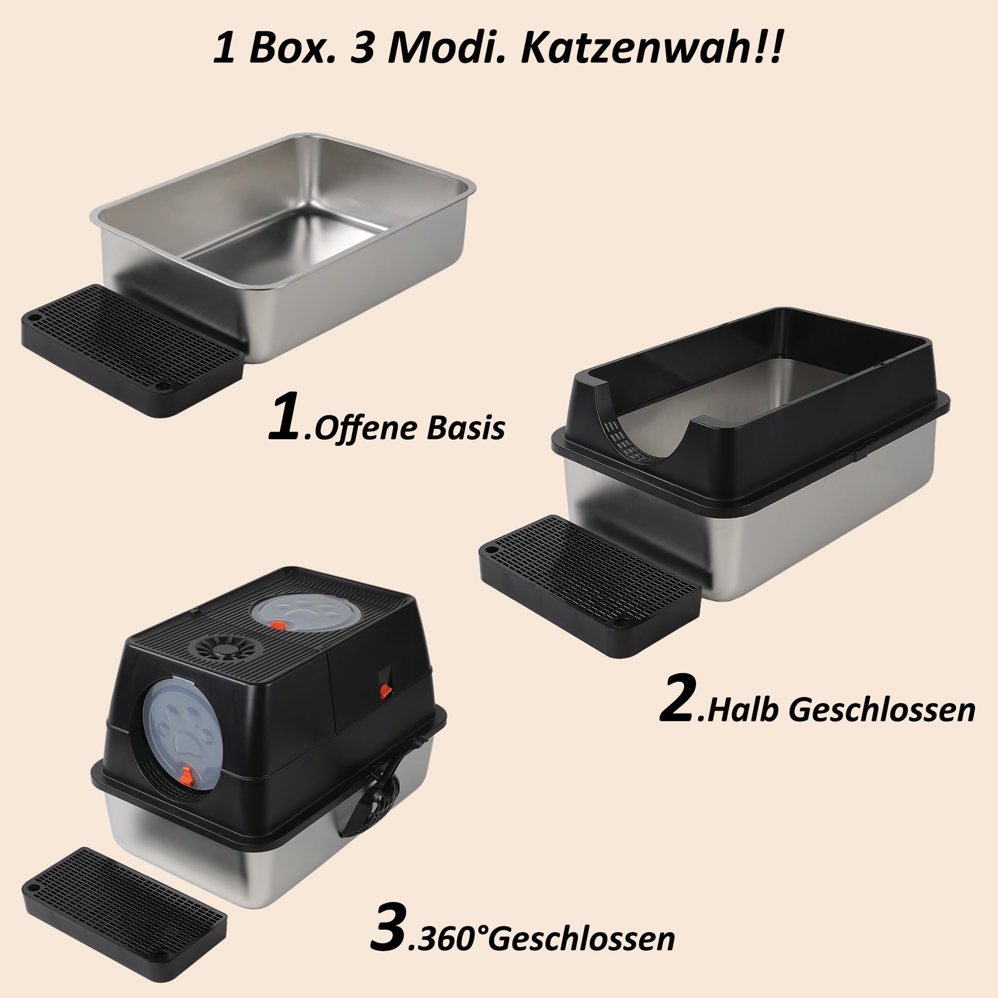 CALIYO Katzentoilette, Katzenklo Edelstahl mit Deckel, 3 in 1 Cat Litter Box, Katzenklo mit Schaufel & Pedal, Katzentoilette Geschlossen für Katzen bis 15 kg, Auslaufsichere (Schwarz,60 x 40 x 44 cm)