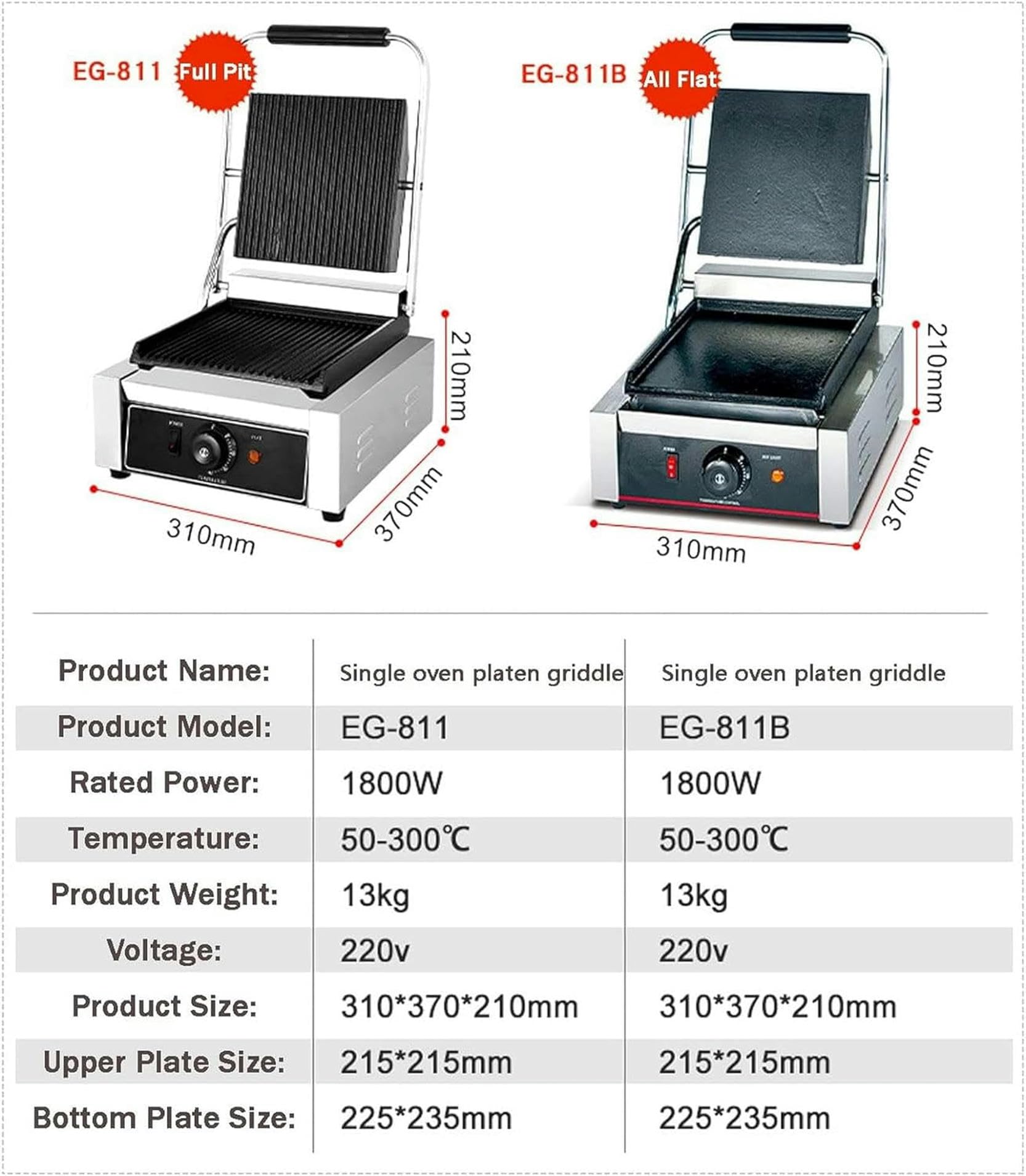 Piastra per Griglia Elettrica Professionale, Alloggiamento in Acciaio Inox, Griglia Commerciale e Professionale, con Superficie Liscia, per Grigliare Carne, Bistecche, Hamburger o Friggere Uova-1pc
