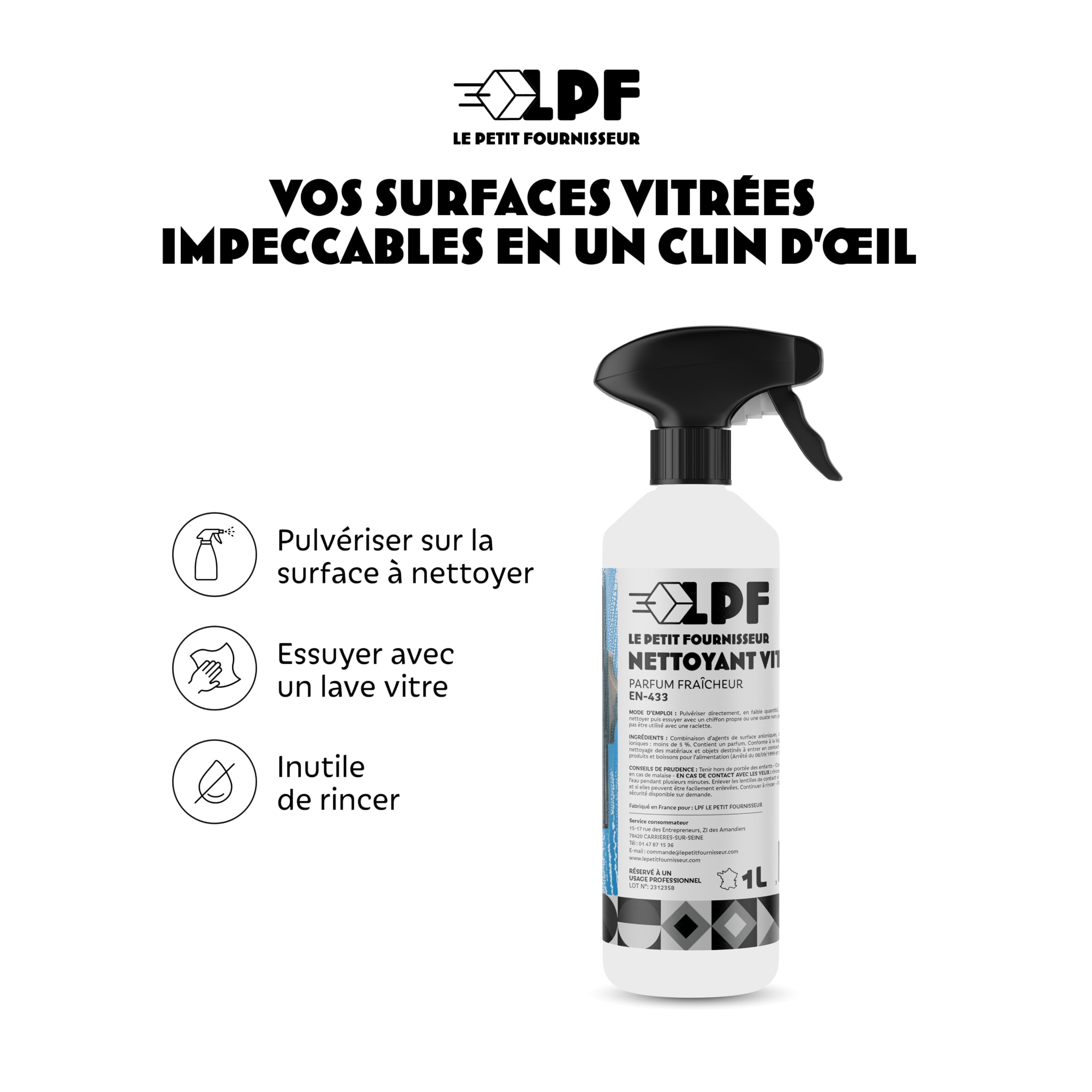 LPF LE PETIT FOURNISSEUR - Nettoyant Vitres Spray 1L - Produit Vitres Sans Trace - Action Anti-Buee Dégraissante - Surfaces Verre Miroir Plexiglas - Prêt à l'Emploi - Lot de 12
