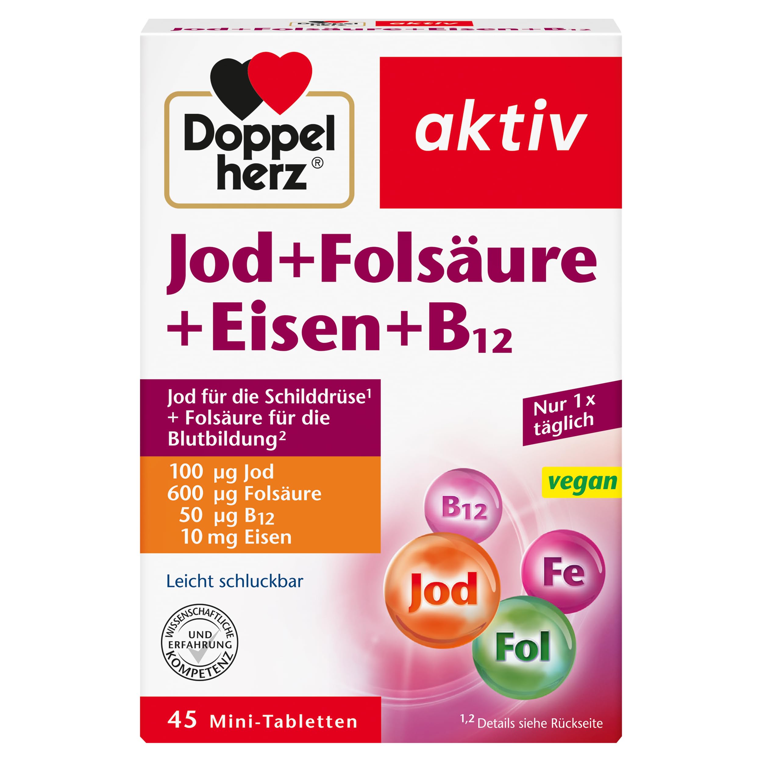Doppelherz Jod + Folsäure + Eisen + B12 – 45 vegane Mini-Tabletten
