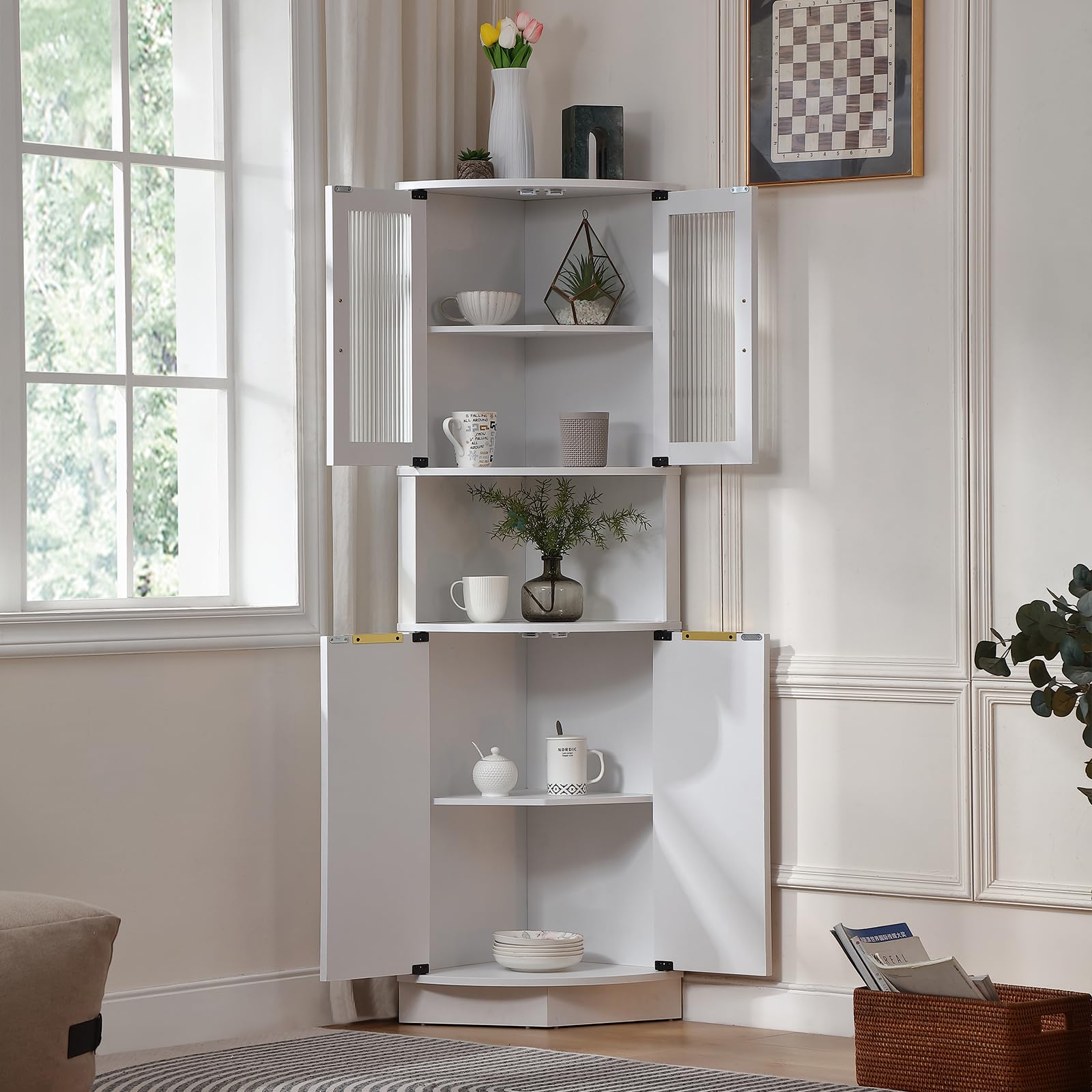FOREST GRAVITY Hoher Badezimmer-Eckschrank Schlanker Wohnzimmer-Esszimmer-Aufbewahrungsschrank Corner Cabinet Möbel Schmaler Schrank mit Schublade Verstellbare Einlegeböden 73.5 * 164 cm Weiß