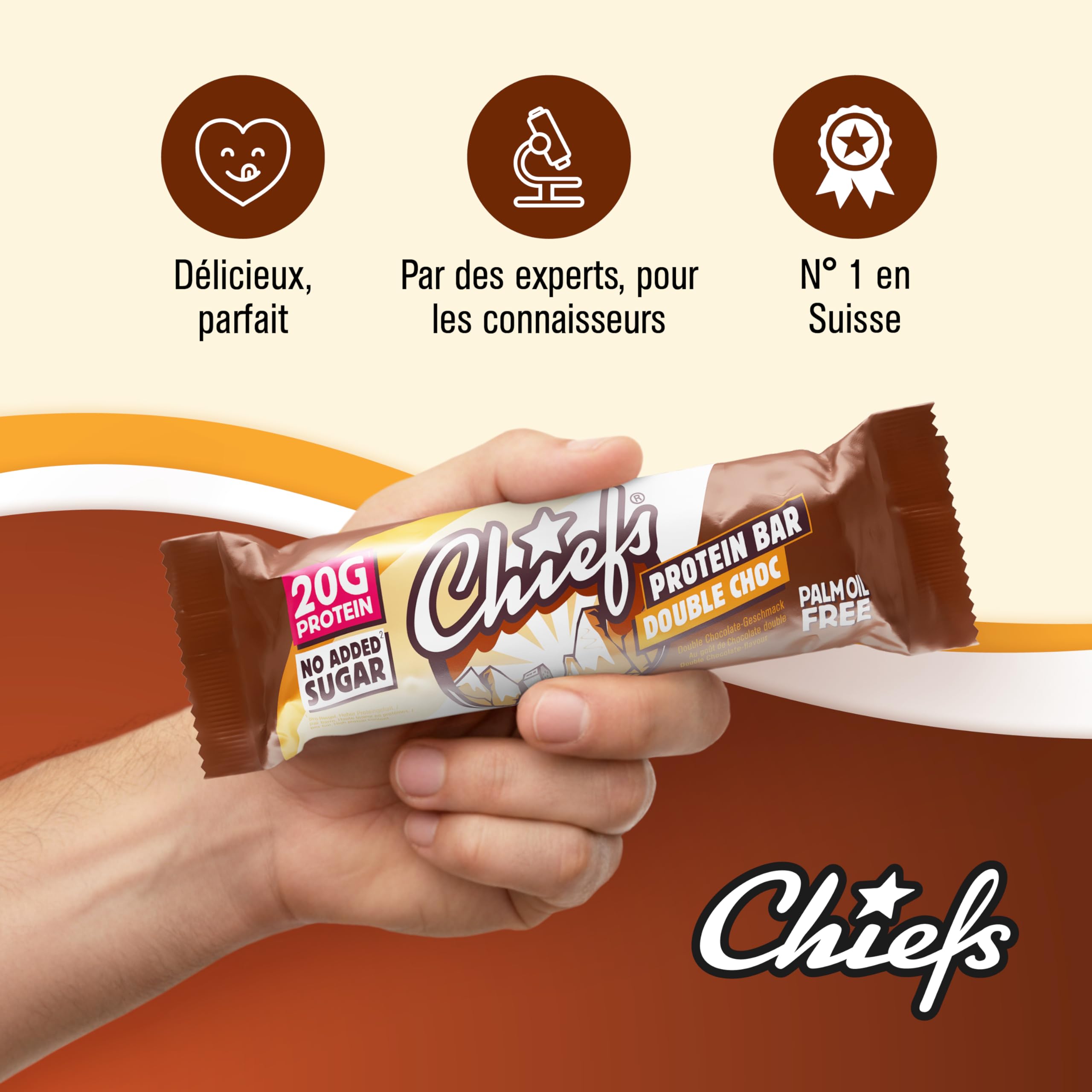 Chiefs Protein Bar (Double Choc) • Barre protéinée premium avec 20g de protéines & 201 kcal par barre • Sans sucre ajouté • Barre protéinée low sugar • Goût de chocolat • Pack de 12 (12 x 55g)