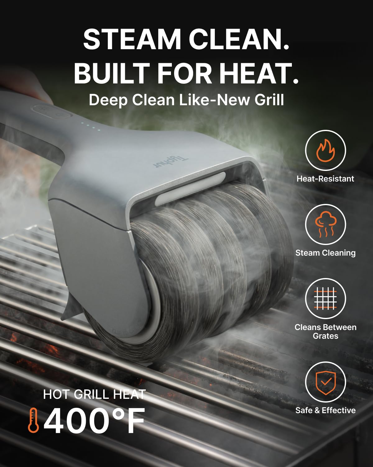 Typhur Cepillo eléctrico para Barbacoa, 90 W de Alto par de torsión, Limpiador de Parrilla Estable con Limpieza Profunda de Vapor, Cepillo inalámbrico sin cerdas para Rejillas Calientes, Limpia Entre