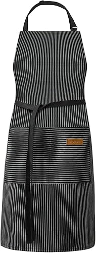 Miniatura 1 de DILLMAN Delantales de cocina ajustables para hombres y mujeres, delantal suave a rayas de chef con 2 bolsillos