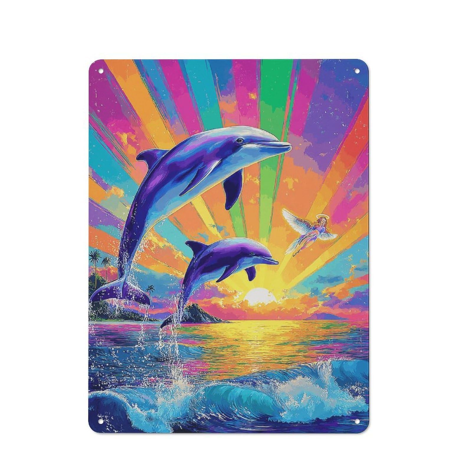 Dolphins Leaping at Sunset Smart Metal Wall Decor 40x30cm, Office Metal Sign for Office, Study, Studio Or Hallway
