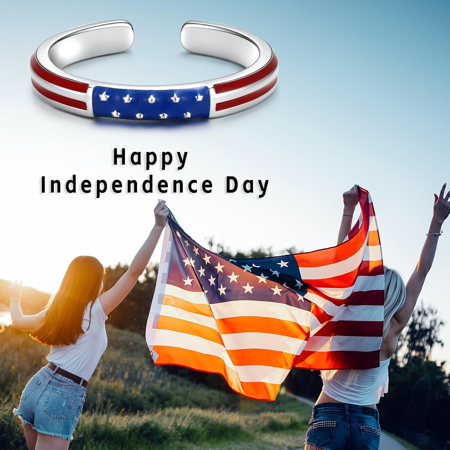 Sterling Silver American Flag Ring - S925 USA Patriotic Rings Red White and Blue Jewelry 4th of July Independence Day Gifts for Women