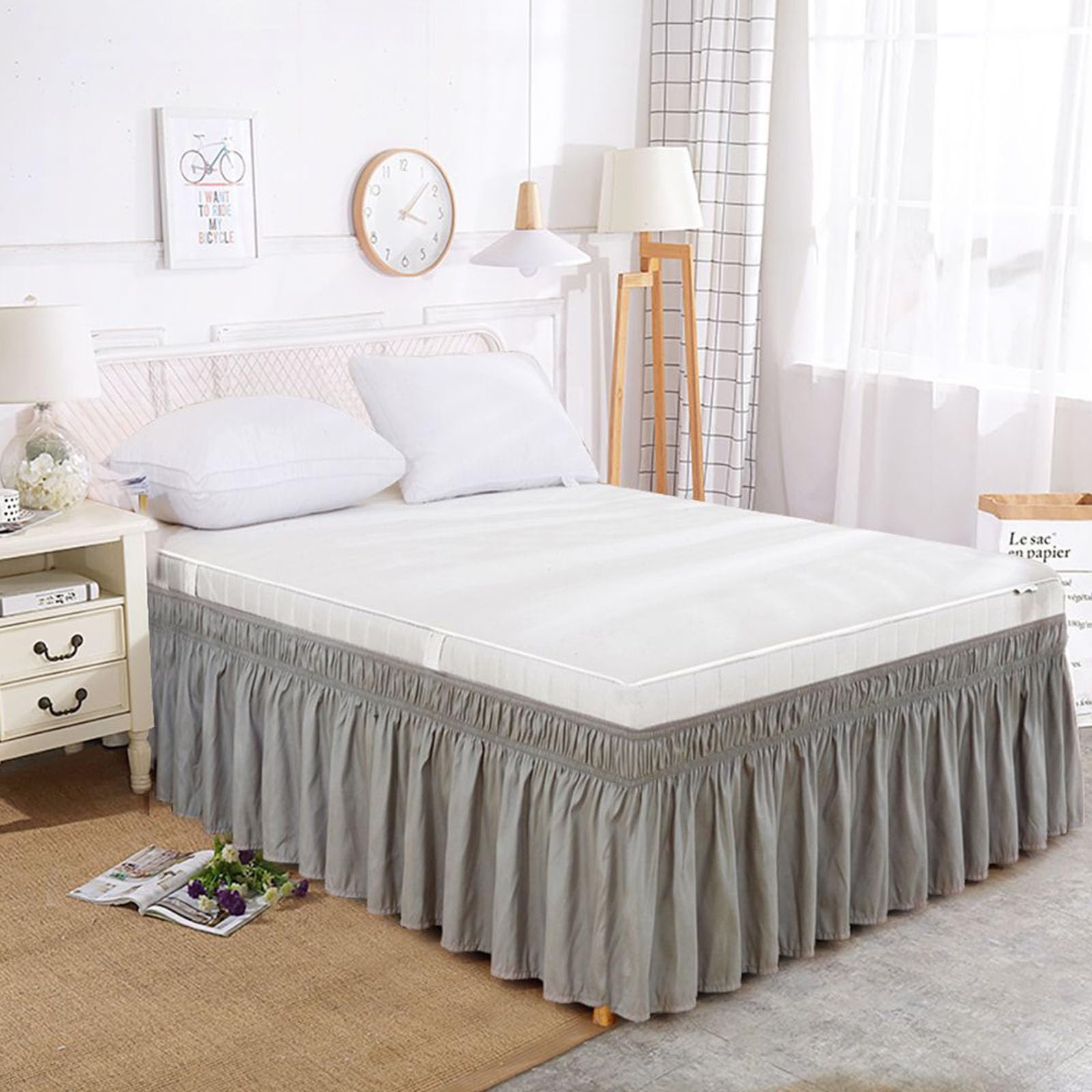 Mateju Elasticated Bed Skirt Ruffled, Monochrome Bed Base Wrap Around Bed Valance Sheet Wrap Around Bedding Sheet Frame with Drop 38/45cm Ruffle Bedskirts for Hotel Home (King,Grey)