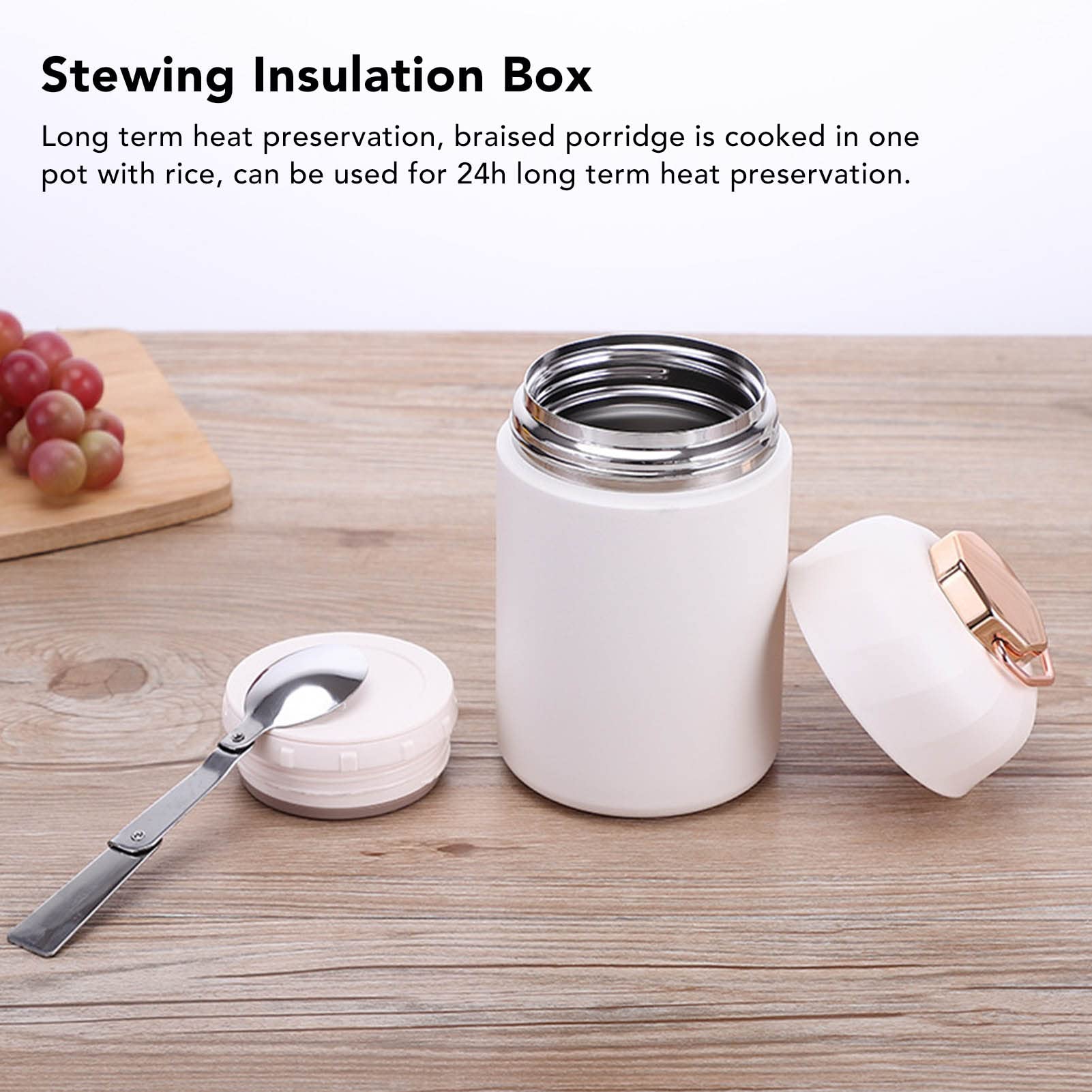 Ejoyous Barattolo per Alimenti Portatile Isolato Scatola per il Pranzo con Isolamento Termico in Acciaio Inossidabile 304 Contenitore per Alimenti Sottovuoto da 600 Ml con Manico Sul Coperchio (WHITE)