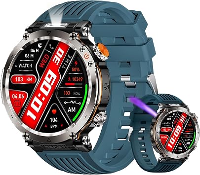 New Military Outdoor Sports Smart Watch with Purple Anti-Counterfeiting Identification Light Flashlight Compass IP68 Waterproof Bluetooth Smartwatch for Men Women. Blue