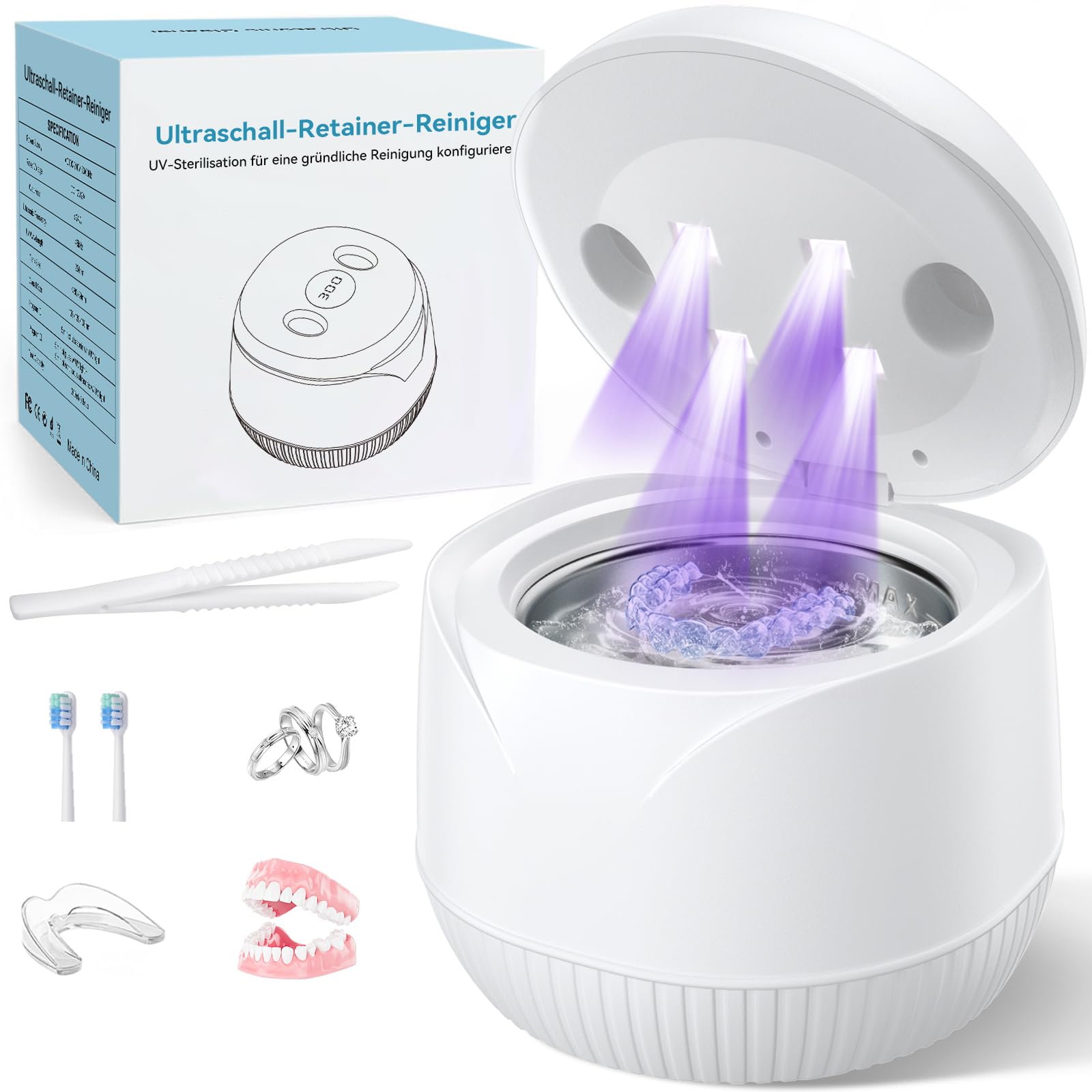 Ultraschallreinigungsgerät 45000Hz UV Ultraschallreiniger 200ML Dental Pod - Ultrasonic Cleaner für Zahnersatz, Retainer, Aligner Zahnschiene, Prothesen, Schmuck mit digitalem Timer