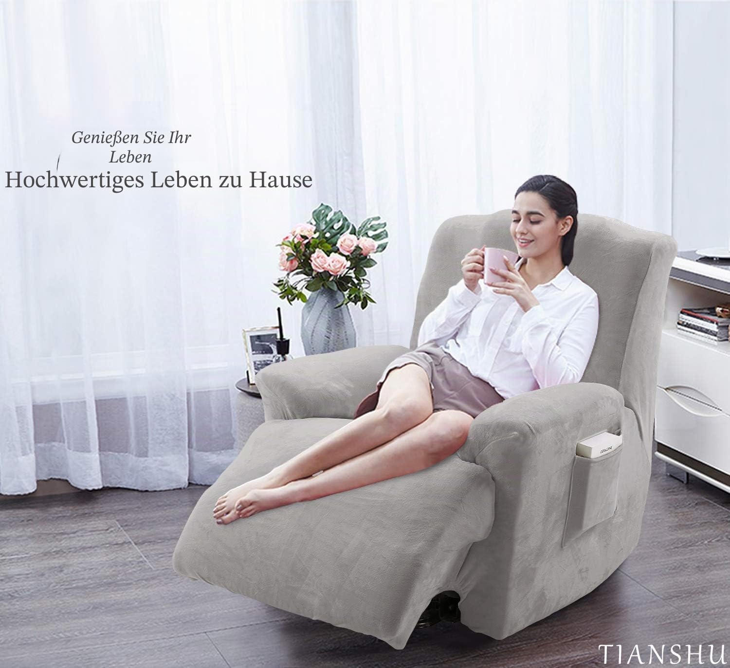 TIANSHU Samt Ruhesessel bezüge, Stretch Sesselschoner Elastisch Plush Couchbezug stilvolle Luxus-Möbelbezüge Anti-Rutsch-High Stretch Relaxsessel bezüge(Ruhesessel,Hellgrau)