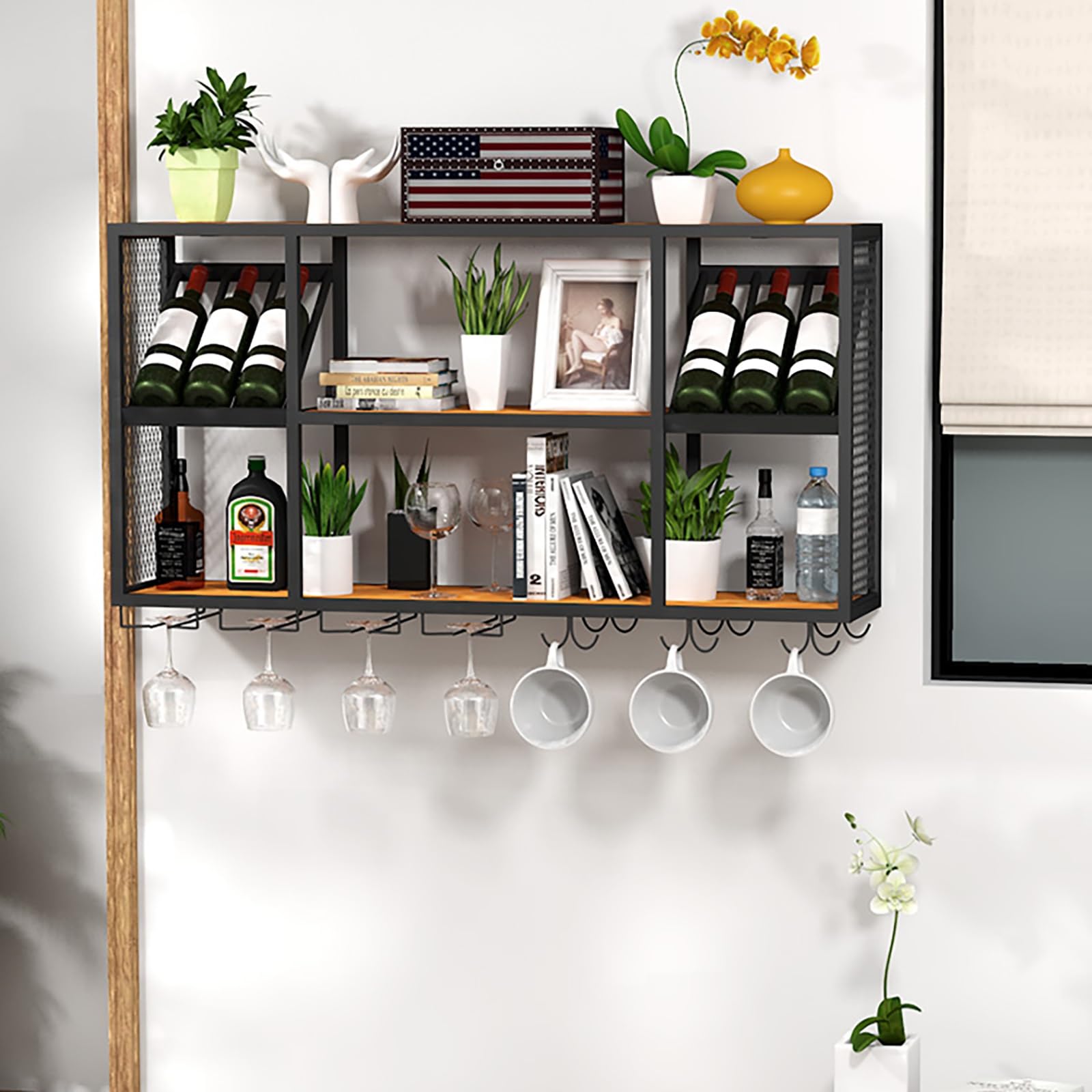 Industrialny ścienny stojak na wino z uchwytem na szklanki, żelazny stojak do przechowywania butelek wina, pływające półki barowe, wiszący stojak na kieliszki, metalowy organizer na butelki