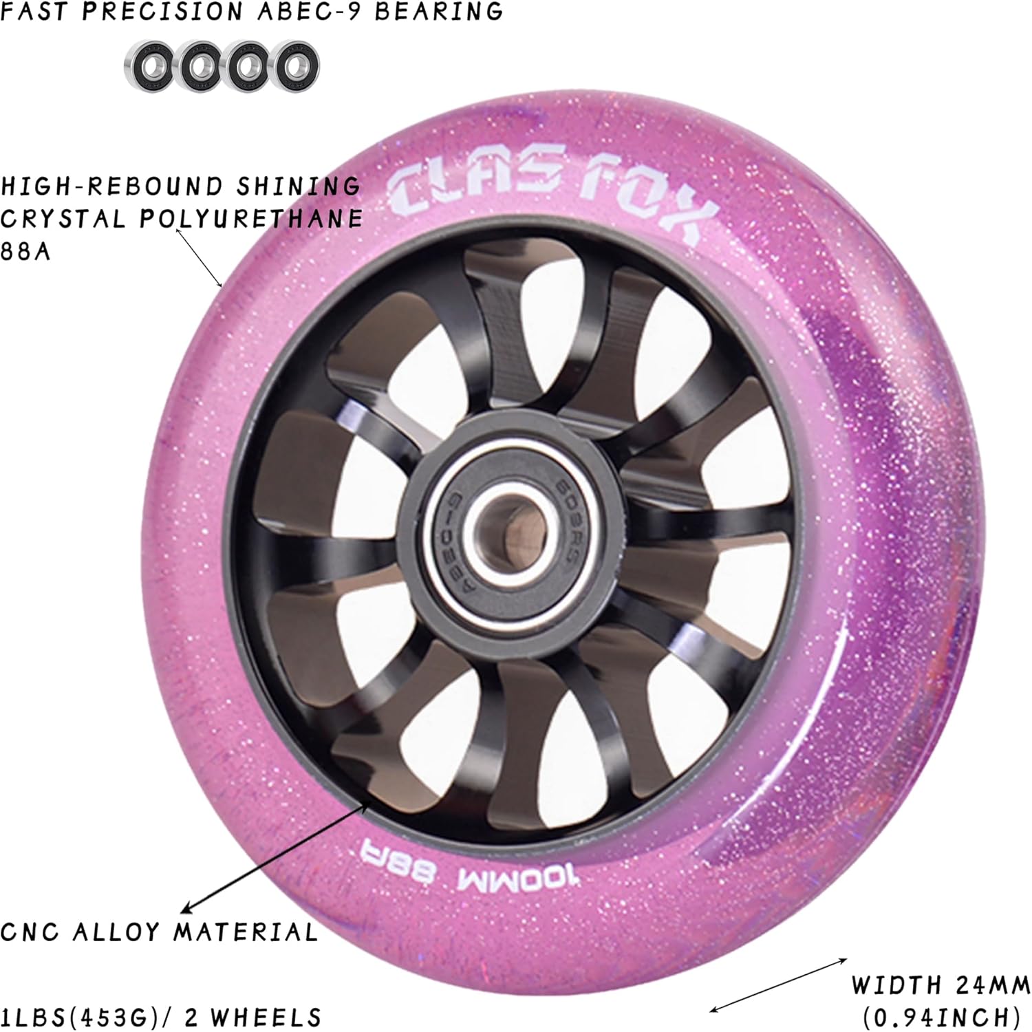 Pro Scooter Wheels 100mm One Pair Scooter Wheels Transparent Sparkle PU with ABEC-9 Bearings CNC Metal Core (2pcs)