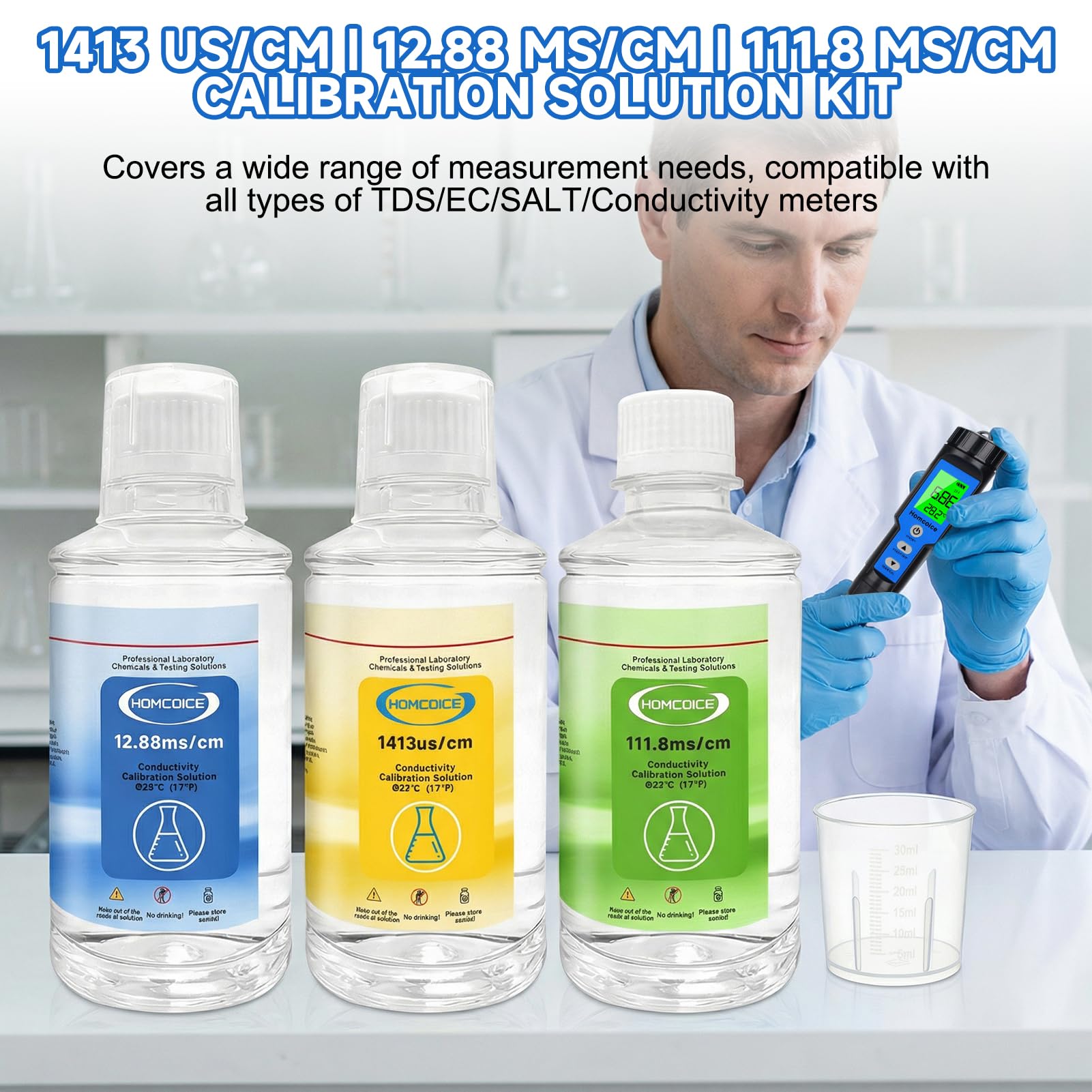 Kit Solutions d'Étalonnage TDS EC 250mL (1413 µS/cm, 12,88 mS/cm, 111,8 mS/cm), Solutions Tampon haute précision pour conductimètres et compteurs TDS, idéal pour laboratoires, industrie