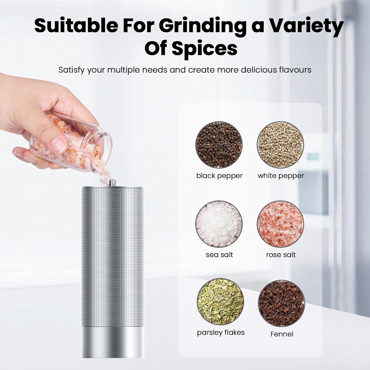 Luvan Salt Grinder, Professional Grade Salt Mill with Unique Burr Grinder, 12 Adjustable Coarseness Settings, Lightning-fast grinding speed, Heavy Duty Aluminum Manual Salt and Pepper Grinder
