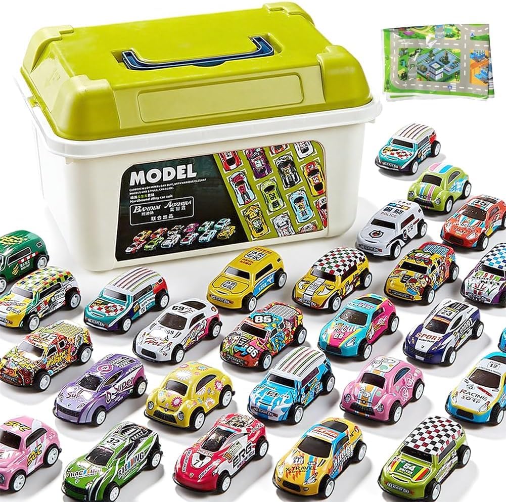 Car, 30PCS Vehicles Set Pull Back Cars with Playmat Storage Box Push and Go Car Pull Back Racing Vehicles Mini Alloy Cars Friction Power Vehicle Birthday Party Favors for Carnival Birthday Party — image 1