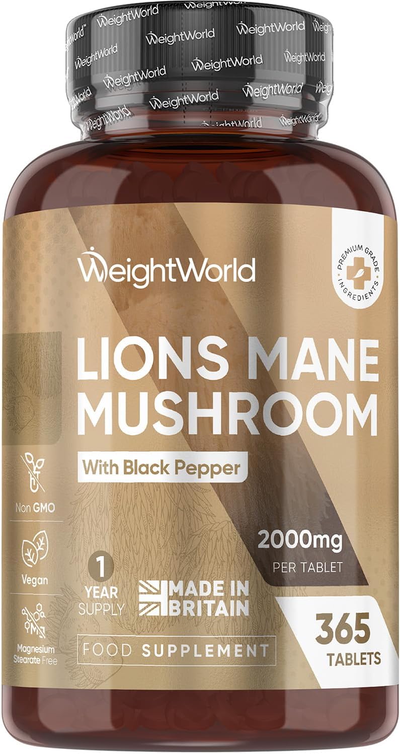 Lions Mane Supplement - 2000mg per Tablet - with 30mg Black Pepper - 365 Vegan Tablets - 1 Year Supply - 50% Polyphenols - Lion's Mane Mushroom 25:1 Extract - Made in the UK