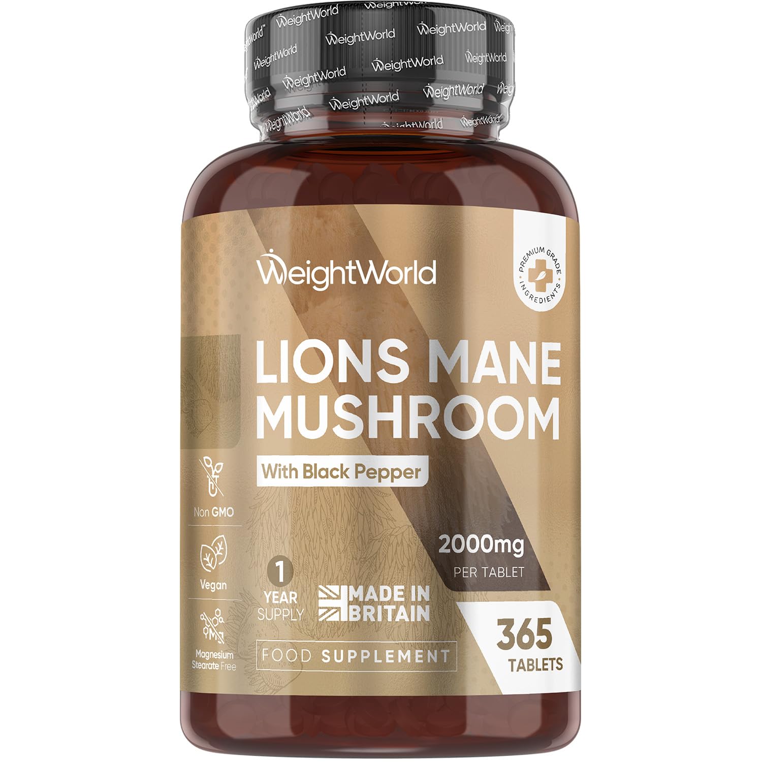 Lions Mane Supplement - 2000mg per Tablet - with 30mg Black Pepper - 365 Vegan Tablets - 1 Year Supply - 50% Polyphenols - Lion's Mane Mushroom 25:1 Extract - Made in The UK