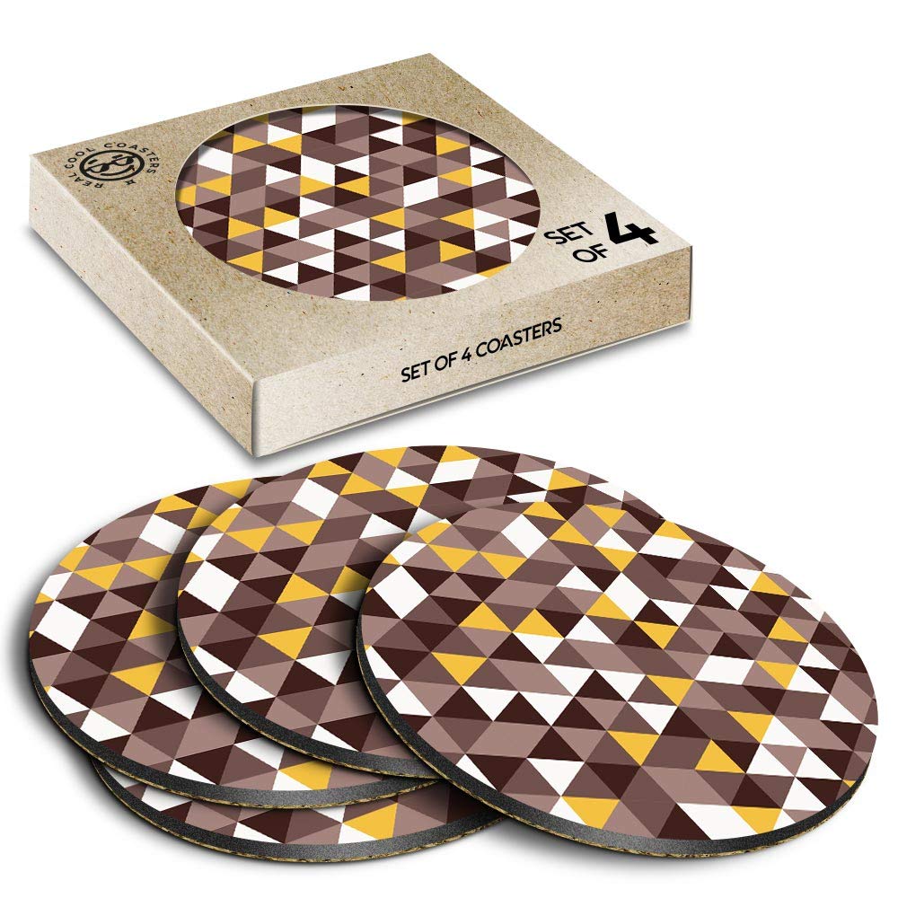 Destination Coasters (Set of 4) Round - Yellow Grey Black Triangle Pattern Drink Glossy Coasters/Tabletop Protection for Any Table Type #24585