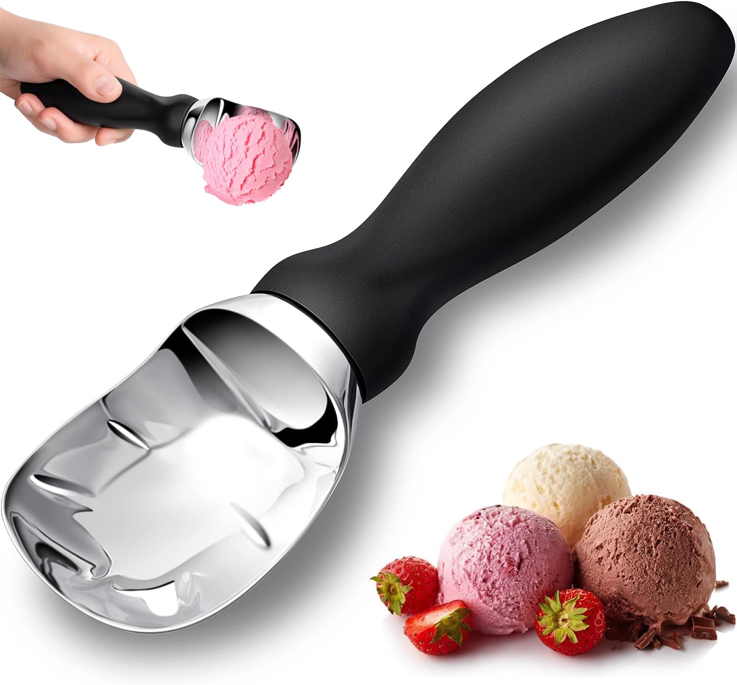 Chef Ice Cream Scoop with Comfortable Handle,Heavy Duty Ice Cream Scoop,Professional Grade Scooper,Great for Spooning Frozen Hard Gelato and Sorbet,Cookie Dough,Melon Kitchen Tool (Black)
