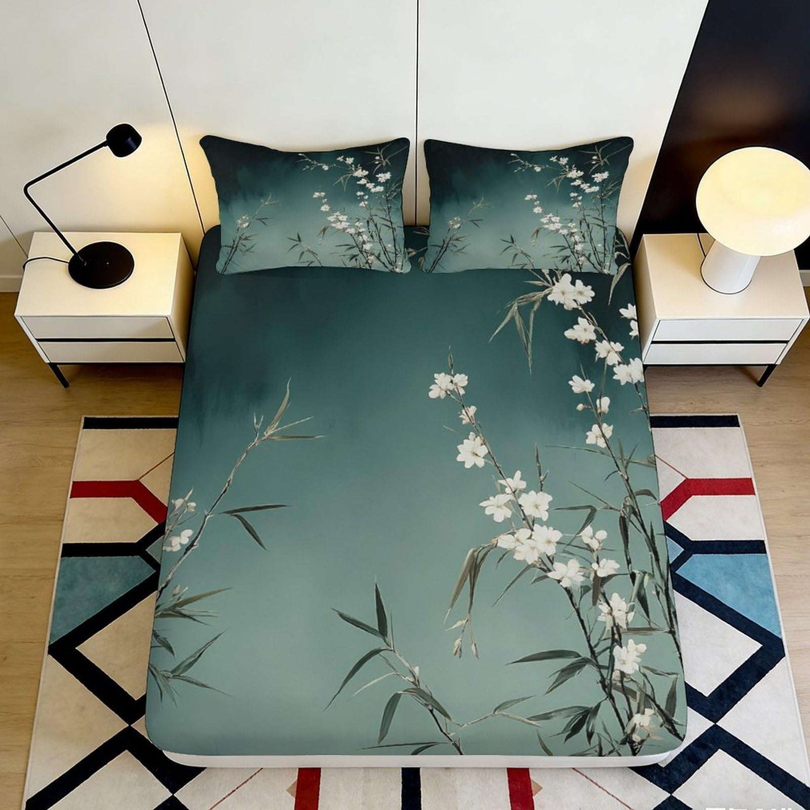 3D Printed Bamboo Blossom Fitted Sheet Microfiber Soft Breathable Orchid Bed Cover for Bedroom Guest Room Decor 90x200x25cm