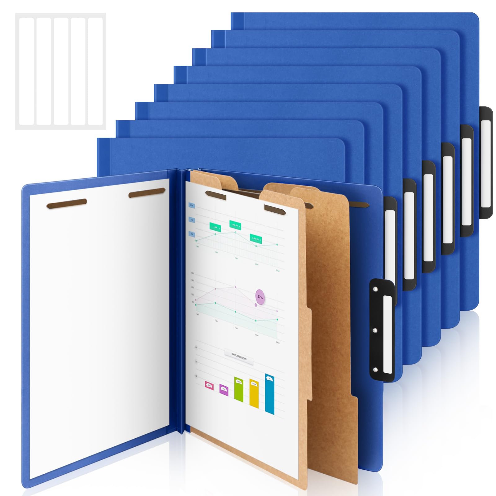 Henoyso 12 carpetas de clasificación con puntas, 2 divisores, pestaña de metal plana de corte de 1/3, expansión de 3 pulgadas, 60 calcomanías, carpeta de archivos azul tamaño carta con cierres para