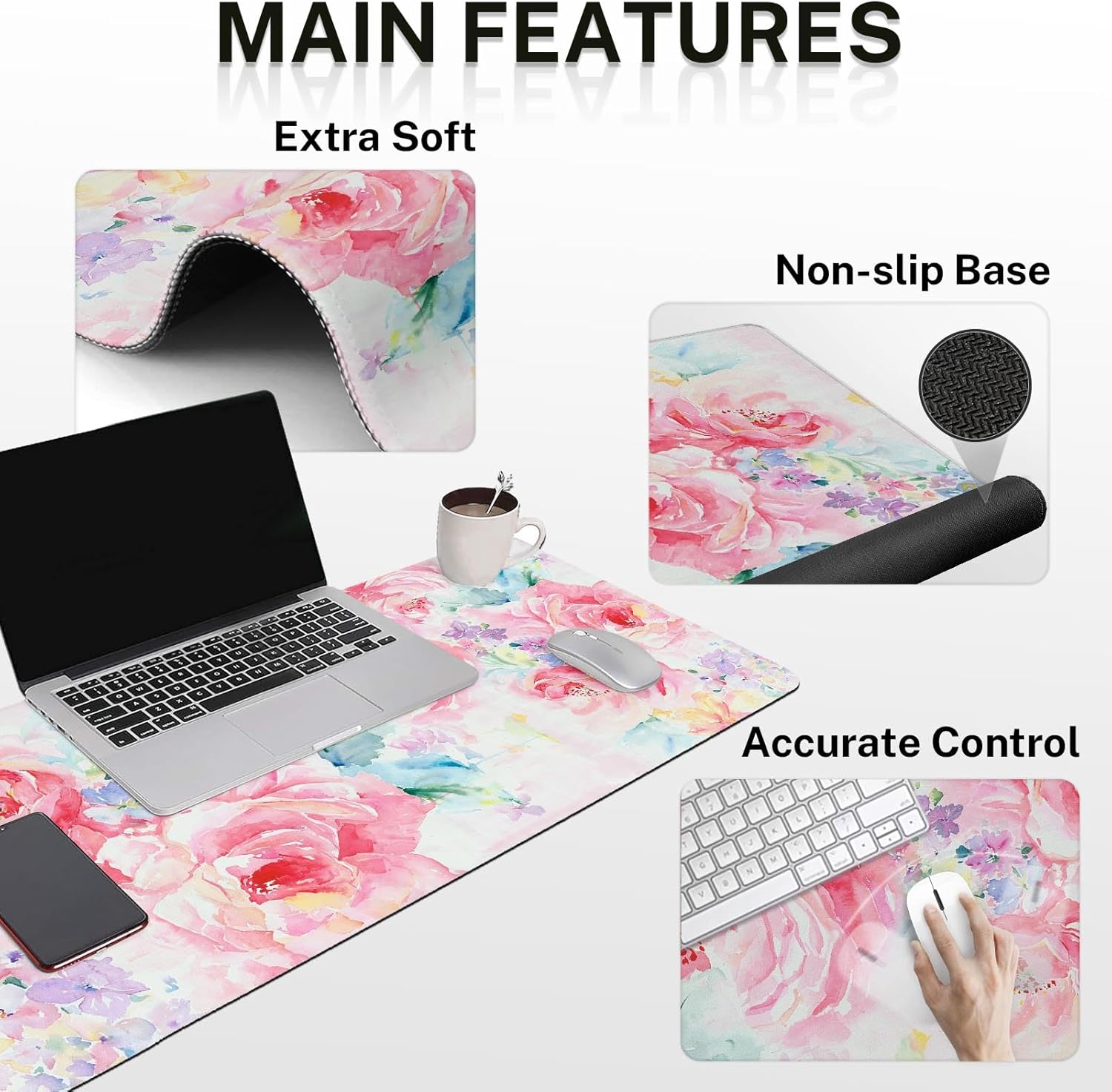 Arttown Flower Painting Desk Mat, Watercolor Abstract Mouse Pad Set 4-in-1 Large Mousepad+Keyboard Wrist Rest+Mouse Wrist Rest+Coaster with Ergonomic Design, Non-Slip Mat - Image 3