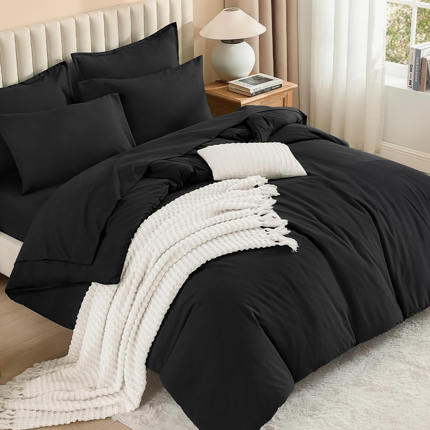 Litanika Black Queen Comforter Set with Sheets - 7 Pieces Bed in a Bag