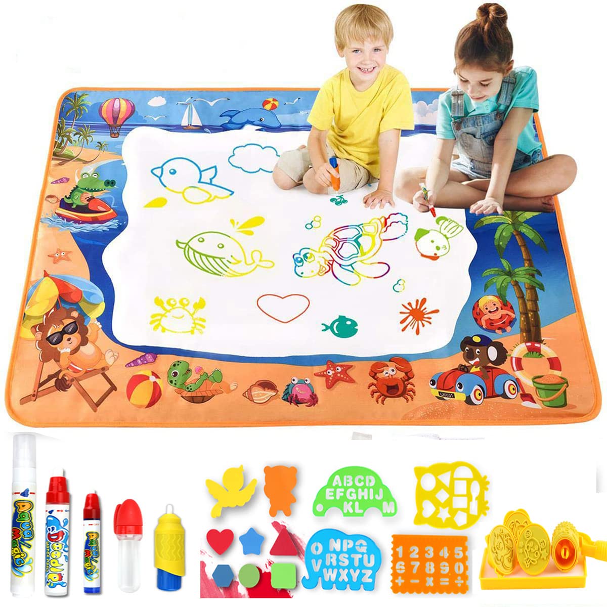Water Doodle Mat, Aqua Color Doodle Drawing Mat, Kids Painting Writing Doodle Toy Mat Bring Magic Pens Educational Toys for Age 2 3 4 5 6 Year Old Girls Boys Age Toddler Gift