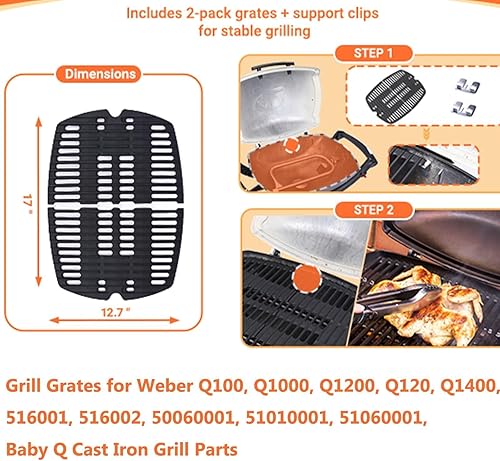 Miniatura 2 de Uniflasy 7644 Rejillas de cocción de hierro fundido para Weber Q100, Q1000, Q120, Q1200, Q1400, 516001, 516002, 50060001, 51010001, 51060001, Baby Q